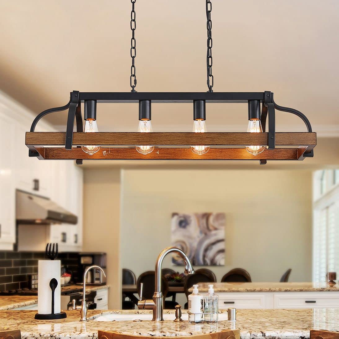 WUZUPS 4-Light Metal Linear Pendant Light - Rustic Farmhouse Chandelier with Wood Grain Finish - 34.6