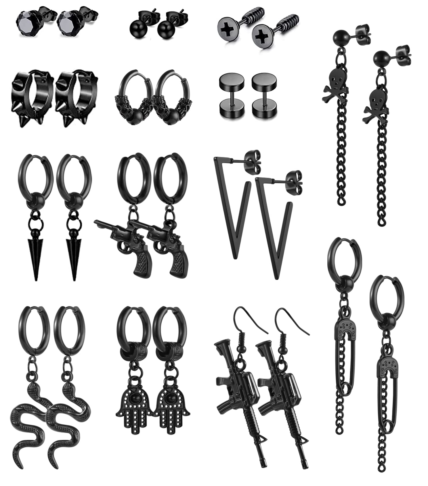 Vegolita 14 Pairs Stainless Steel Earrings Set for Men & Women - Black Y2K Punk Stud, Hoop, Dangle, Snake, Evil Eye & Screw Huggie Earrings | Unisex Jewelry for Parties, Gifts & Everyday Wear