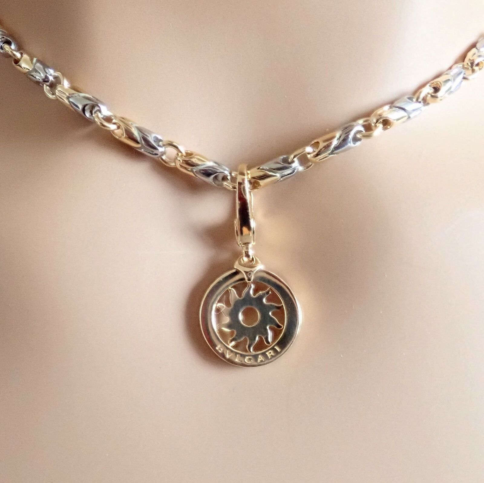 Authentic Bulgari Tondo Sun 18k Yellow Gold Pendant with 18k/Stainless Steel Chain Necklace - Luxury Jewelry Gift for Women, Perfect for Parties & Special Occasions