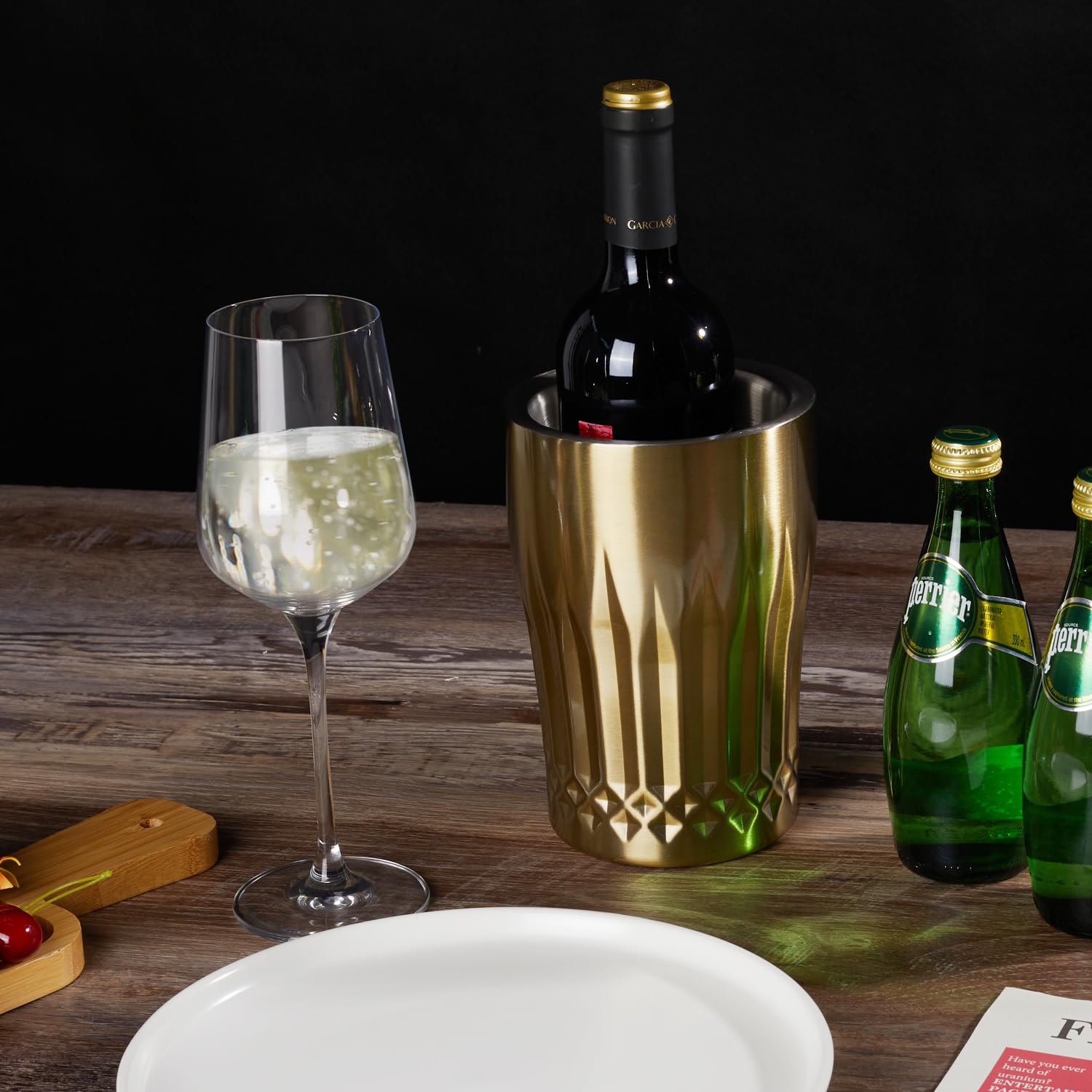 Premium Gold Wine Chiller Bucket - Double Wall Stainless Steel Wine Cooler with Vertical Stripe & Lozenge Pattern - Perfect for Champagne, White Wine & Sparkling Beverages - Elegant Bar Accessory for Parties, Weddings & Home Entertaining