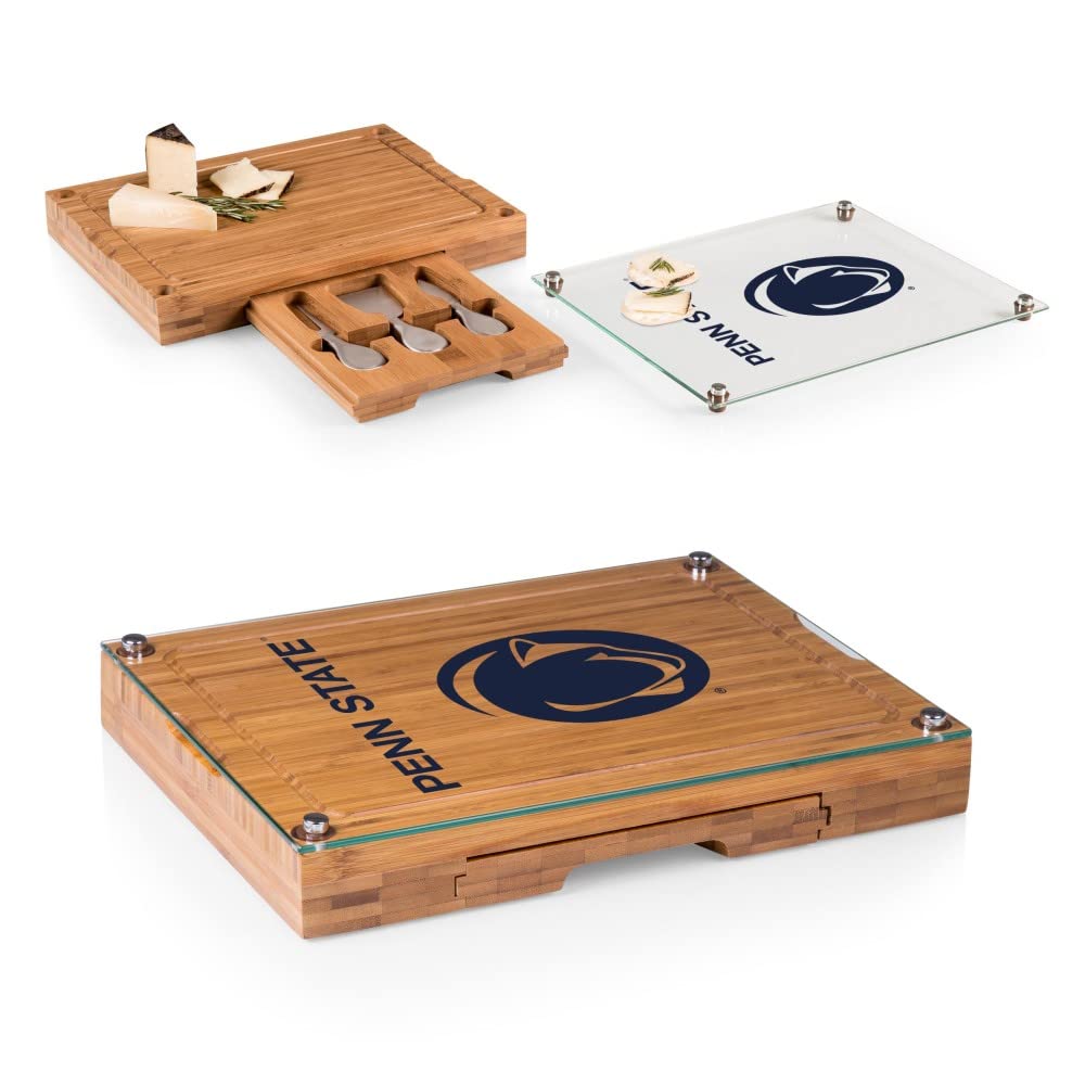 PICNIC TIME NCAA Concerto Glass Top Cheese Board and Knife Set - Bamboo Charcuterie Board with Glass Top Cutting Board - Perfect for Wine Parties, Cheese Tasting & Charcuterie Platters