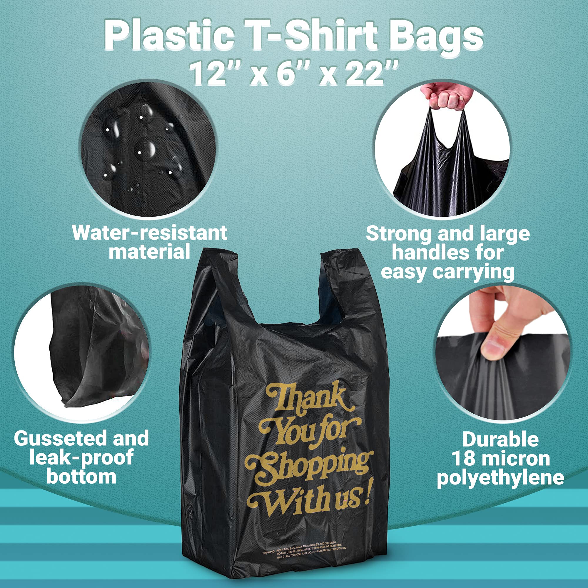 APQ 700 Pack Thank You Plastic Bags 12x6x22 Inches - 18 Micron Thick Black T-Shirt Carry Out Bags | Preprinted Durable Poly Shopping Bags for Retail Stores, Restaurants & Clothing Boutiques | Perfect for Takeout Orders, Gift Packaging & Customer Purchases