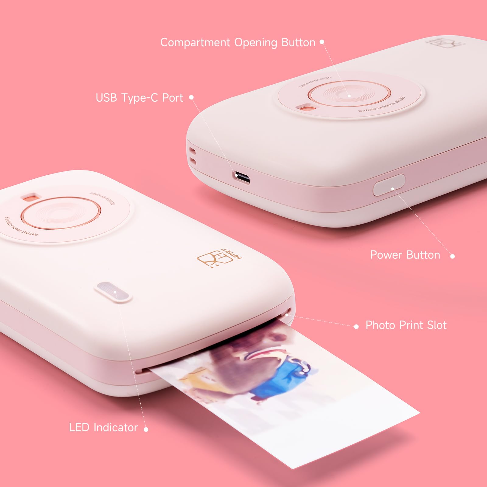 HPRT CP2100 Mini Bluetooth Photo Printer for iPhone & Smartphone - Portable Wireless Instant Picture Printer with Thermal Dye Sublimation Technology (Pink) - Print Memories Anywhere, Perfect for Travel, Parties & DIY Scrapbooking