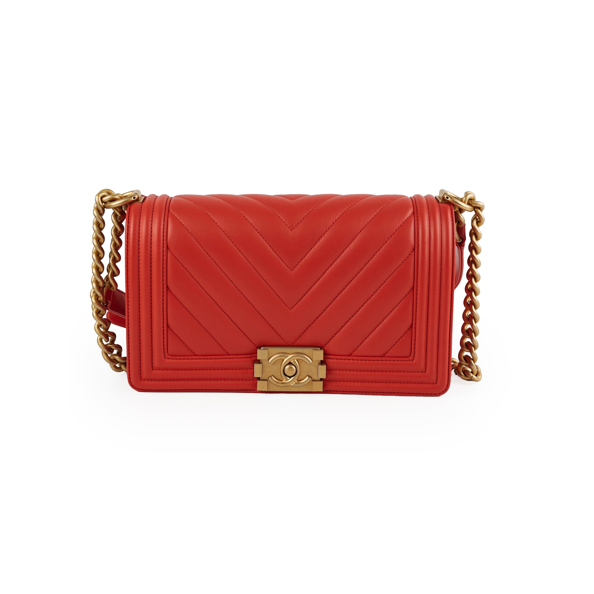 Chanel Old Medium Boy Chevron Lambskin Handbag in Red/Orange - Luxury Crossbody Bag for Women, Perfect for Parties, Dates & Evening Events