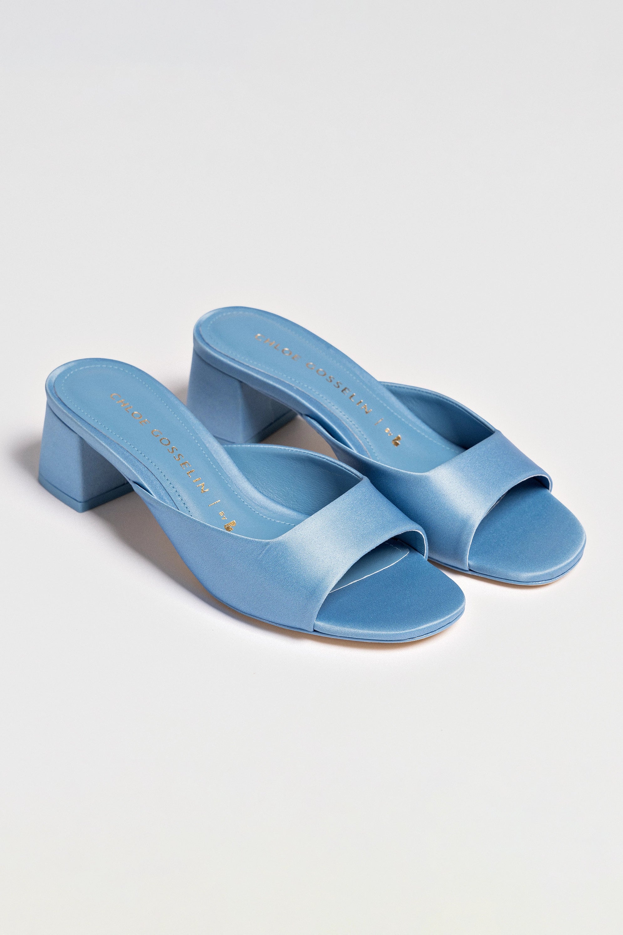 Chloe Gosselin by Larroudé Anah Mule - Blue Satin Women's Shoes | Elegant Slip-On Mules for Casual Outings & Evening Events