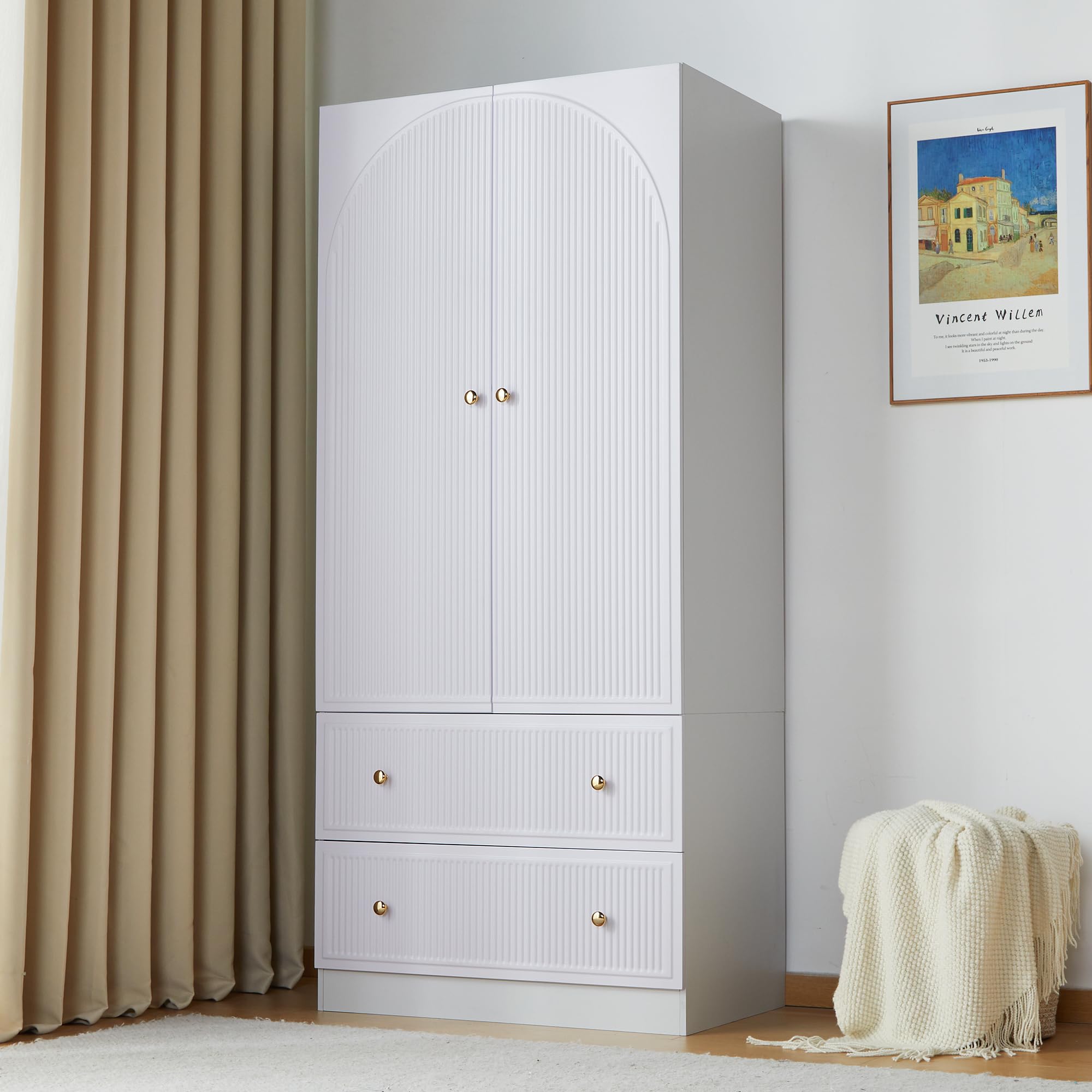 ORRD 2-Door Freestanding Armoire Wardrobe Closet - Large Capacity Wooden Storage Cabinet with 2 Drawers for Bedroom (White) | Perfect for Organizing Clothes, Shoes & Accessories in Small Spaces