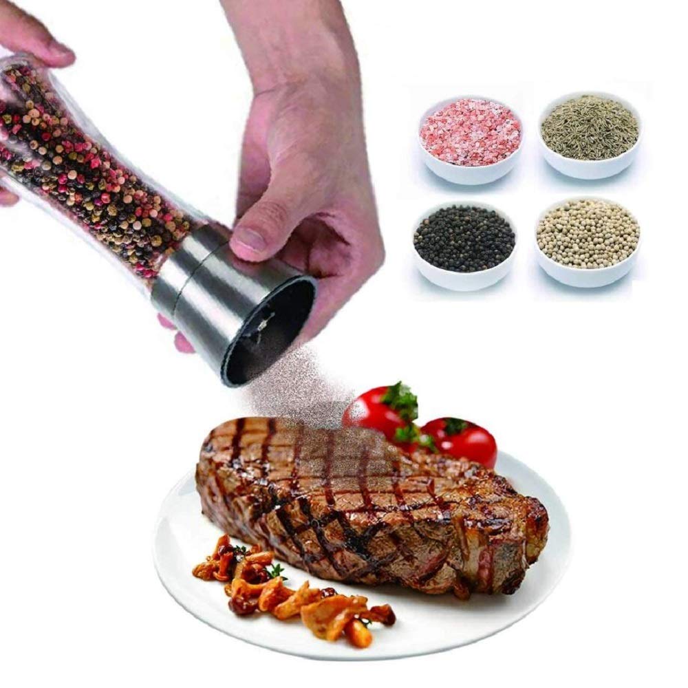 Premium Stainless Steel & Glass Salt and Pepper Grinder Set - Adjustable Coarseness, Refillable Tall Mills for Sea Salt, Black Peppercorn & Spices (2-Piece) - Perfect for Kitchen, Dining Table & Gourmet Cooking