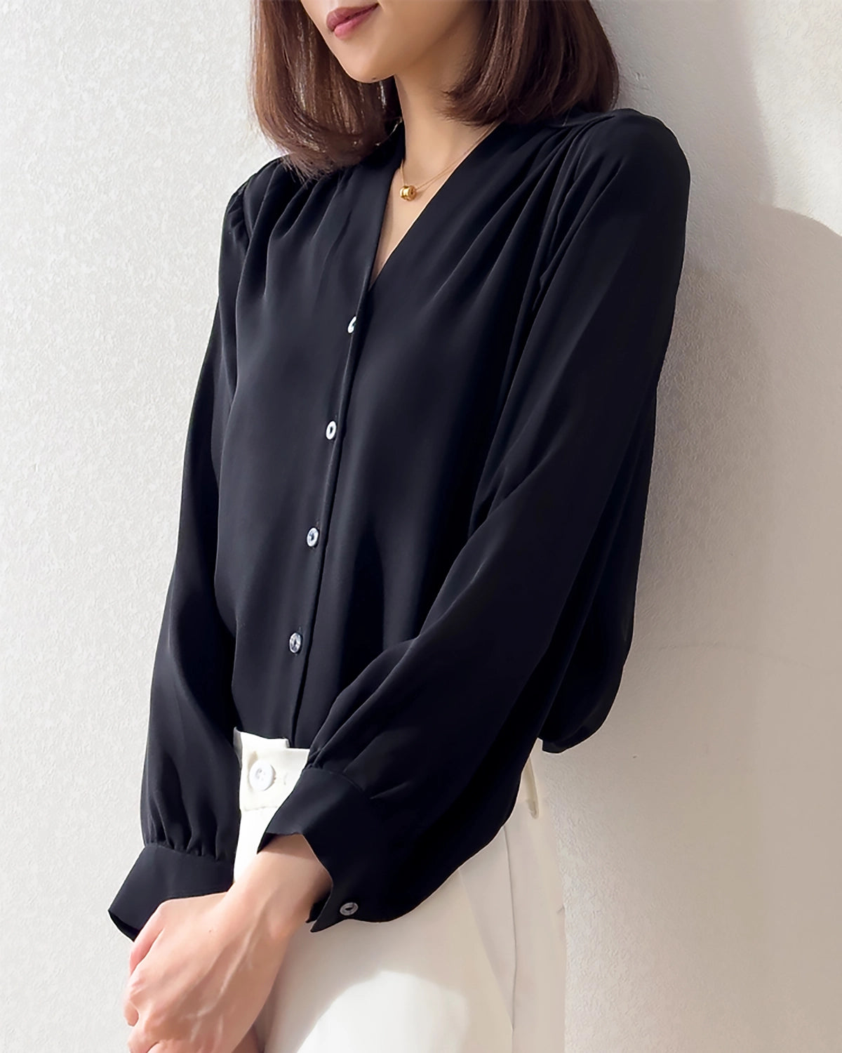 Elegant V-Neck Pleated Shoulder Silk Blouse for Women - Soft & Breathable Luxury Top for Office, Party & Special Occasions