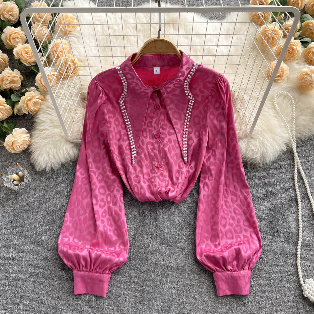 Vintage French Long Sleeve Beaded Polo Collar Shirt - Elegant Women's Blouse for Casual Wear, Office & Special Occasions