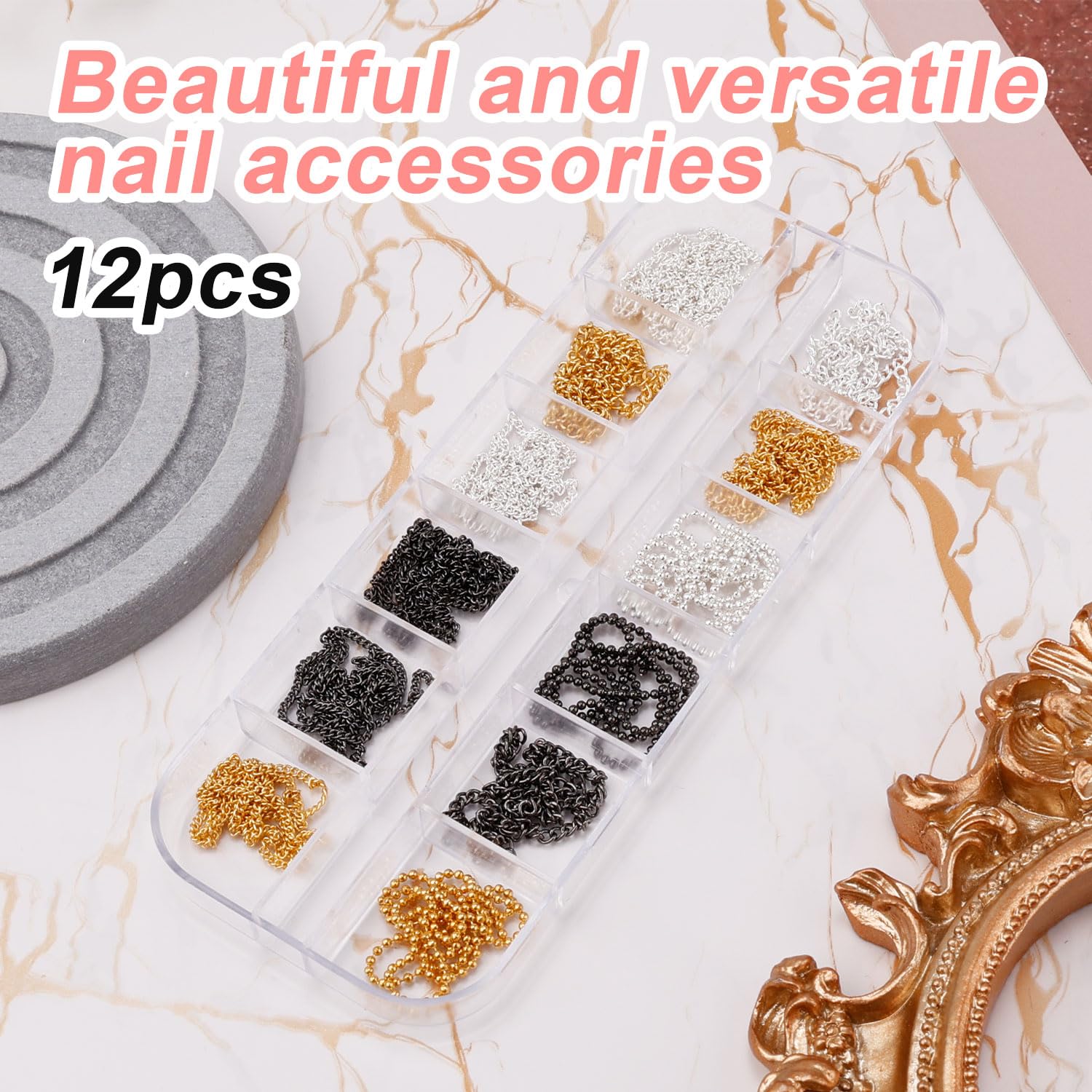 12 Strips Metal Nail Art Chains - Gold Silver & Black 3D Nail Decorations Charms for DIY Nail Jewelry Design | Nail Art Accessories for Manicure, Party, Wedding & Special Occasions