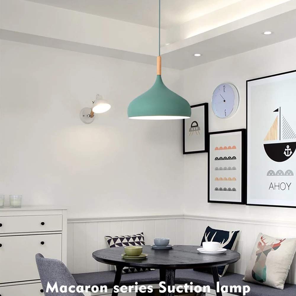 3-Pack Wooden Handle Pendant Light with 15ft Plug-in Cord & UL On/Off Dimmer Switch - Macaron Green Lampshade, Nordic Minimalist Loft Style Lighting Fixtures for Living Room, Bedroom, Kitchen & Dining Area
