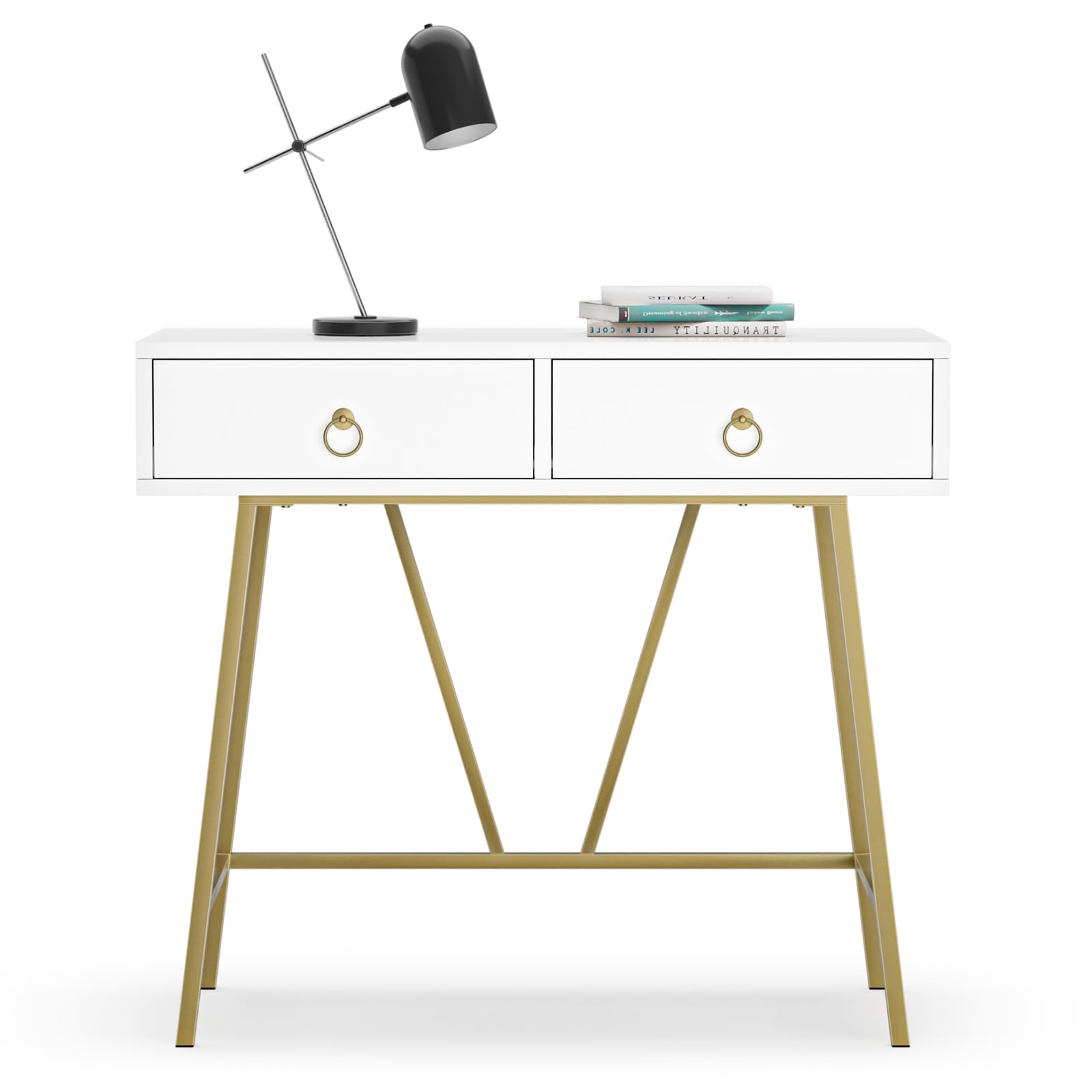Anmytek 35.4 Inch Modern Home Office Desk - White Writing Study Computer Desk with 2 Drawers & Golden Legs, Makeup Vanity Table for Small Spaces (D0002) | Perfect for Remote Work, Online Classes & Beauty Routine