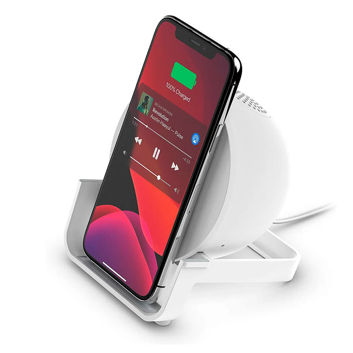 Belkin Qi 10W Wireless Charging Stand with Bluetooth Speaker - Fast Charging Pad for iPhone, Samsung & AirPods - Perfect for Bedroom, Office & Travel (White)