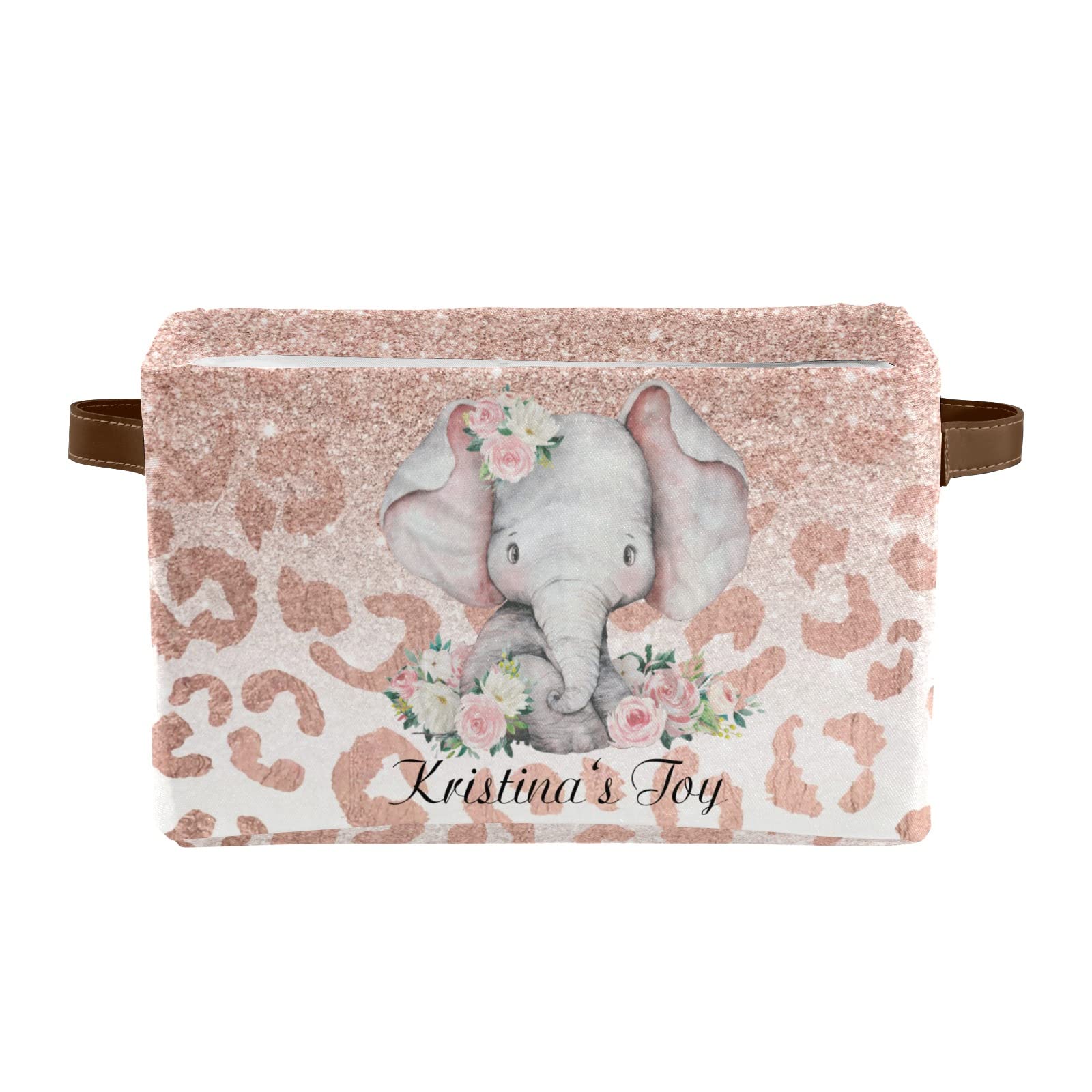 Personalized Rose Gold Glitter Leopard Elephant Storage Bins with Handles - Closet Organizer, Nursery Toy Storage, Shelf Baskets (1 Pack) | Perfect for Kids' Room, Playroom & Bedroom Organization