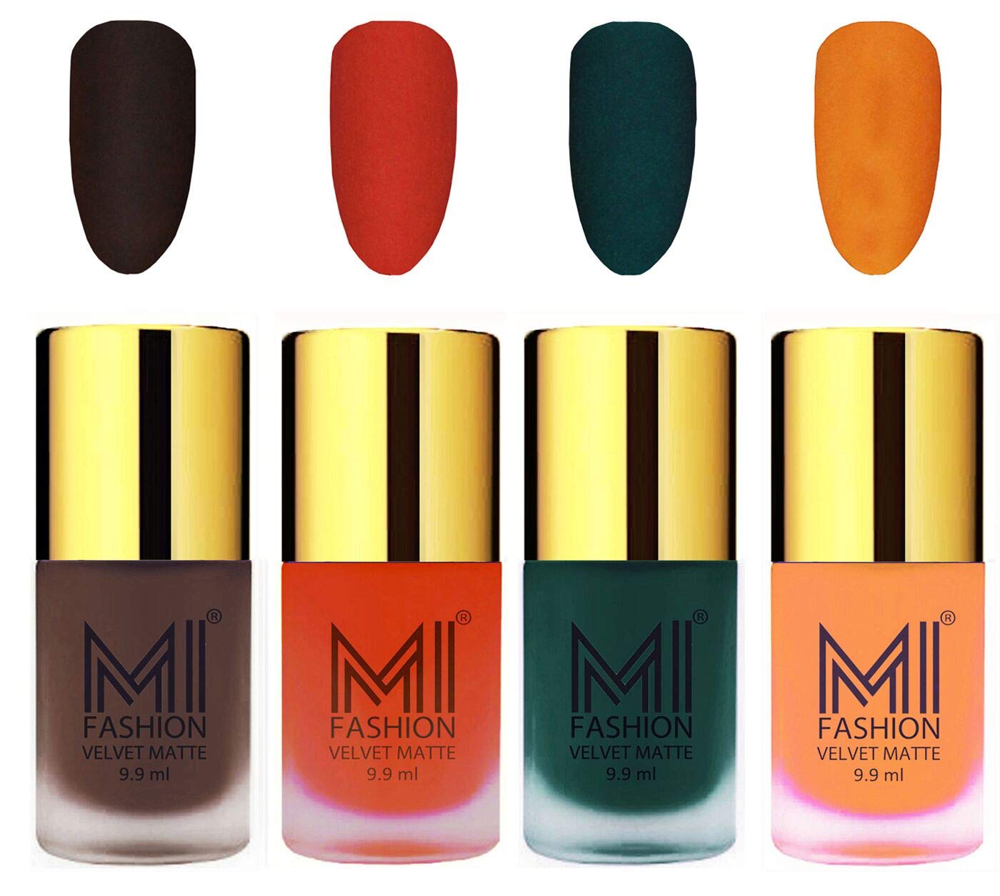 MI FASHION Velvet Matte Nail Polish Set - 4 Colors (Coffee, Orange, Dark Green, Saffron) - 9.9ml Each - High Shine Long Lasting Formula - Perfect for Manicures, Pedicures & Nail Art Designs