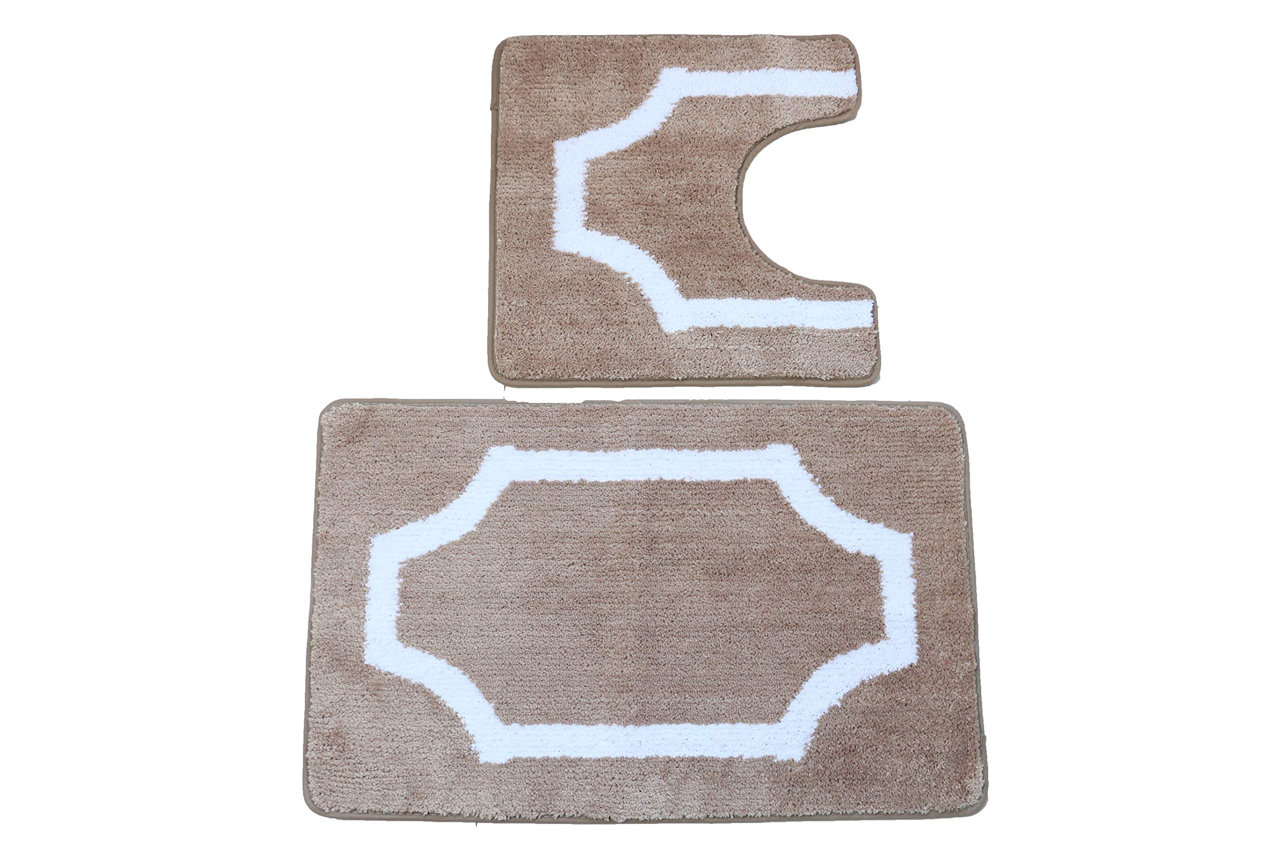 Premium 2-Piece Modern Microfiber Bathroom Rug Set with Non-Slip PVC Backing - Soft & Absorbent - Beige - Perfect for Bathrooms, Showers & Vanity Areas