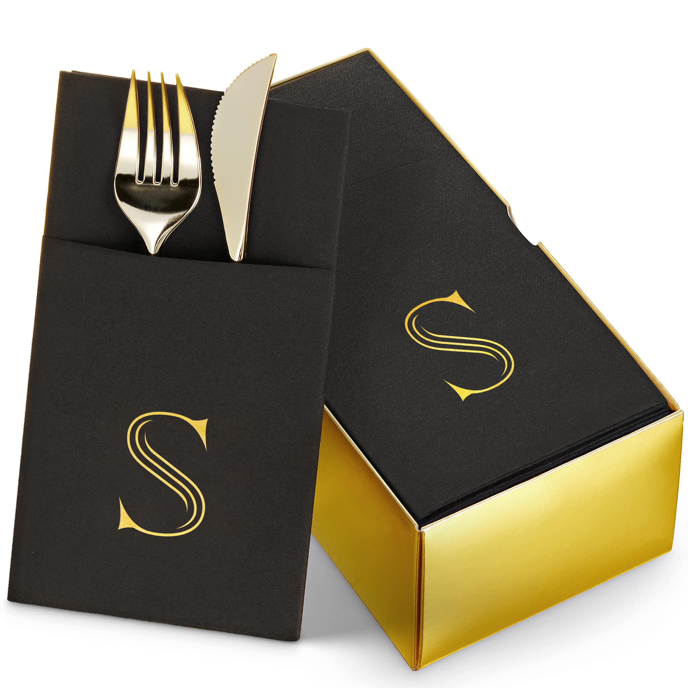 50-Pack Black Monogrammed Napkins with Silverware Pocket - 16