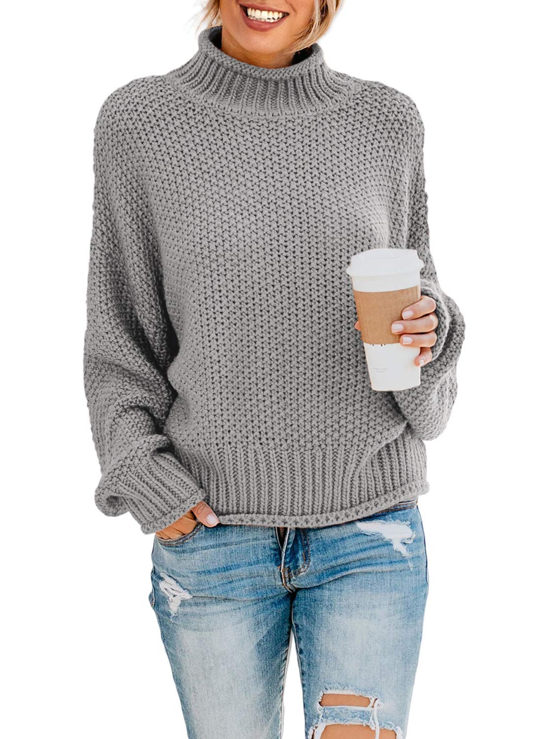 Dokotoo Women's 2024 Winter Fall Solid Color Turtleneck High Neck Balloon Sleeve Long Sleeve Sweater Pullover - Cozy Casual Outwear for Office, Dating & Holiday Season