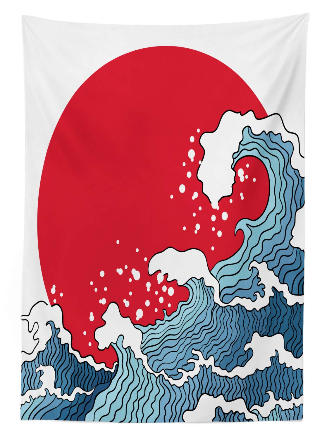 Ambesonne Japanese Wave Outdoor Tablecloth - Red Blue White Tropical Nautical Design with Sunset Scenery - Waterproof Washable Picnic Table Cover 58