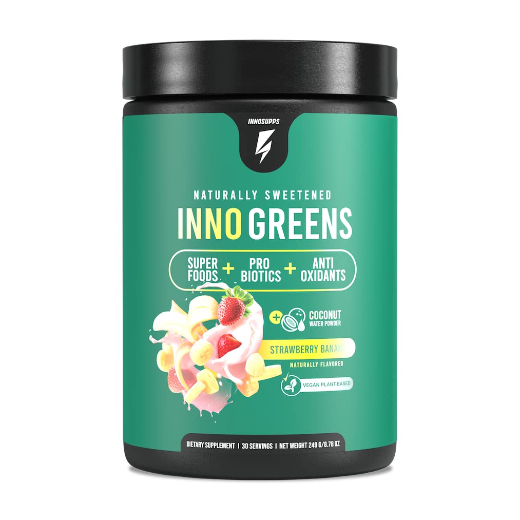 Inno Greens Superfood Powder | 28+ Organic Greens & Superfoods Blend with Prebiotics & Probiotics | Spirulina, Chlorella, Ashwagandha | Antioxidant Support & Hydration Boost | Natural Strawberry Banana Flavor | 30 Servings for Daily Wellness & Energy