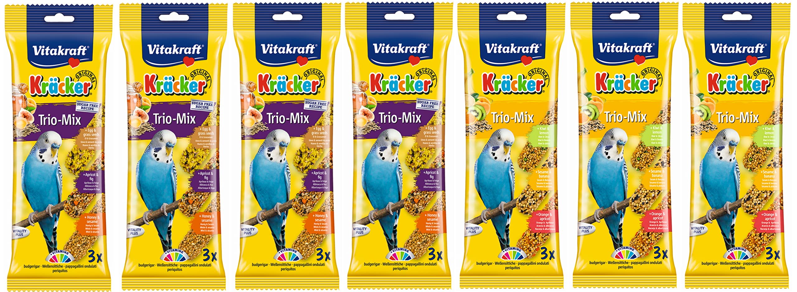 Vitakraft Trio Mixed Variety Pack - Budgie Kracker Hanging Bird Cage Seed Stick Treats (7 Pack, 6 Flavors) - Perfect for Parakeets, Cockatiels & Small Birds - Cage Enrichment & Foraging Fun