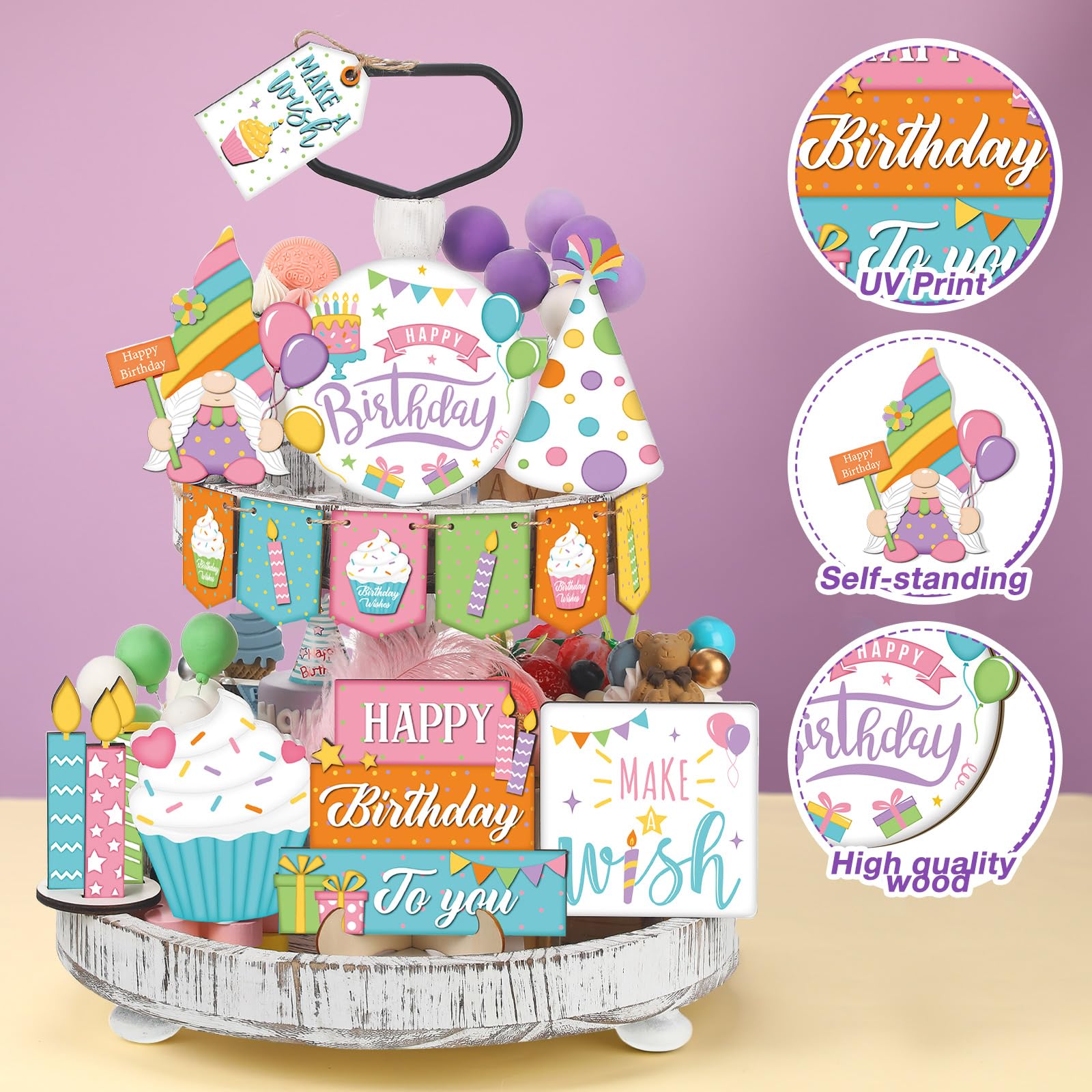 14-Piece Farmhouse Birthday Tiered Tray Decor Set - Wooden Happy Birthday Sign, Cupcake Toppers & Party Table Decorations - Perfect for Birthday Parties, Baby Showers & Home Decor