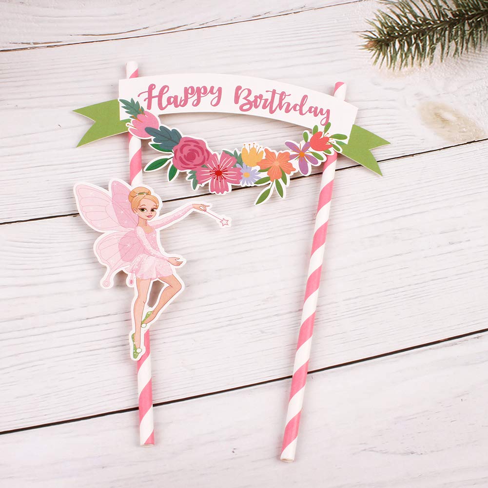 Flower Fairy Happy Birthday Cake Topper - 12pcs Party Decoration Set for Wedding, Baby Shower & Anniversary Cakes - Edible Safe Cake Picks for Friends & Family Celebrations