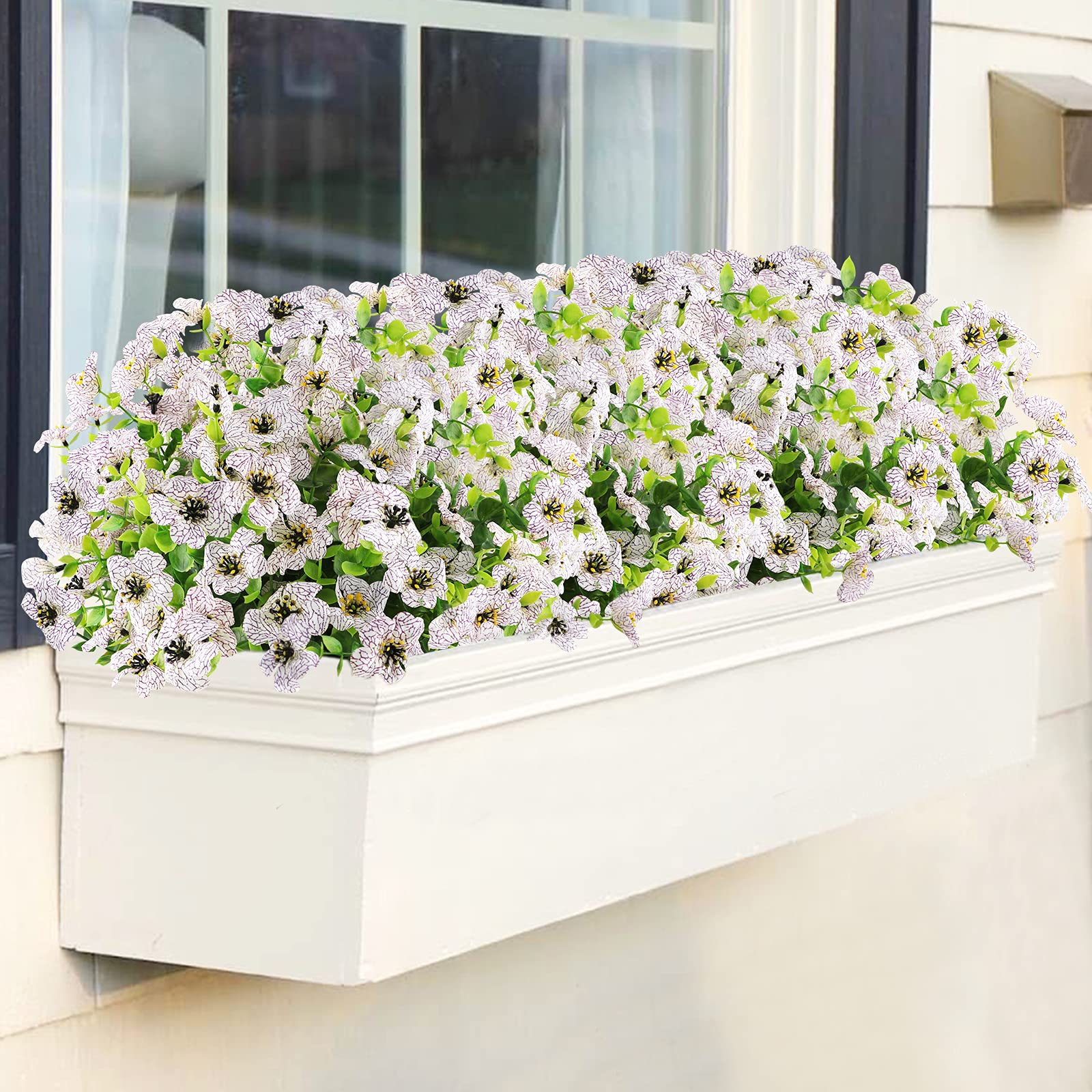 GREENRAIN 9 Bundles UV Resistant Artificial Flowers - Fake Outdoor Plants for Garden, Window Box, Porch Decor - Faux Plastic Flowers for Home, Wedding, Party Decoration (White)