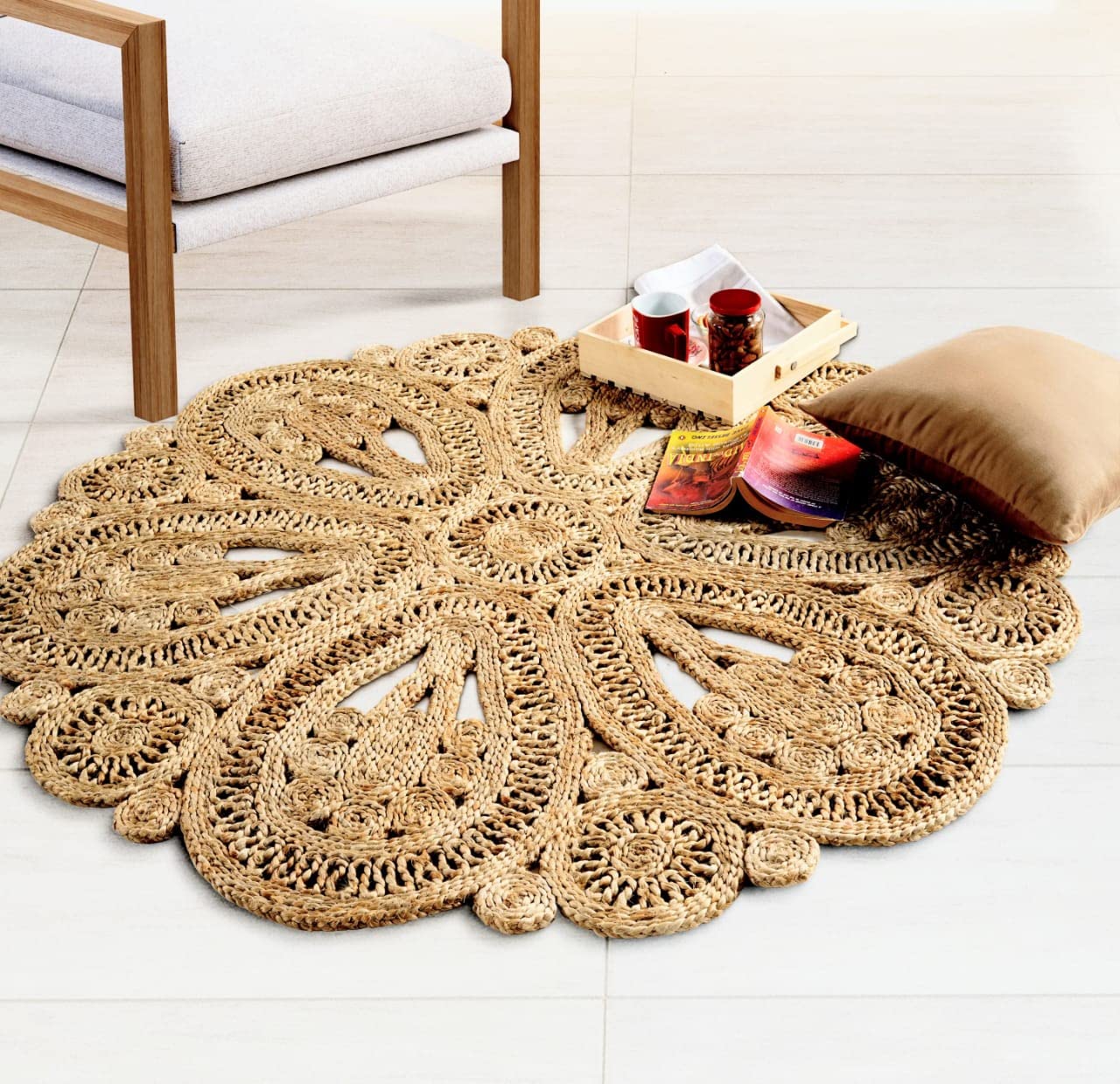 GRUHUM Handwoven Jute Area Rug - 6 Feet Round Natural Fiber Boho Braided Rug - Reversible Eco-Friendly Farmhouse Decor for Indoor/Outdoor Use - Perfect for Kitchen, Bedroom, Living Room & Hallways (6' Circle)