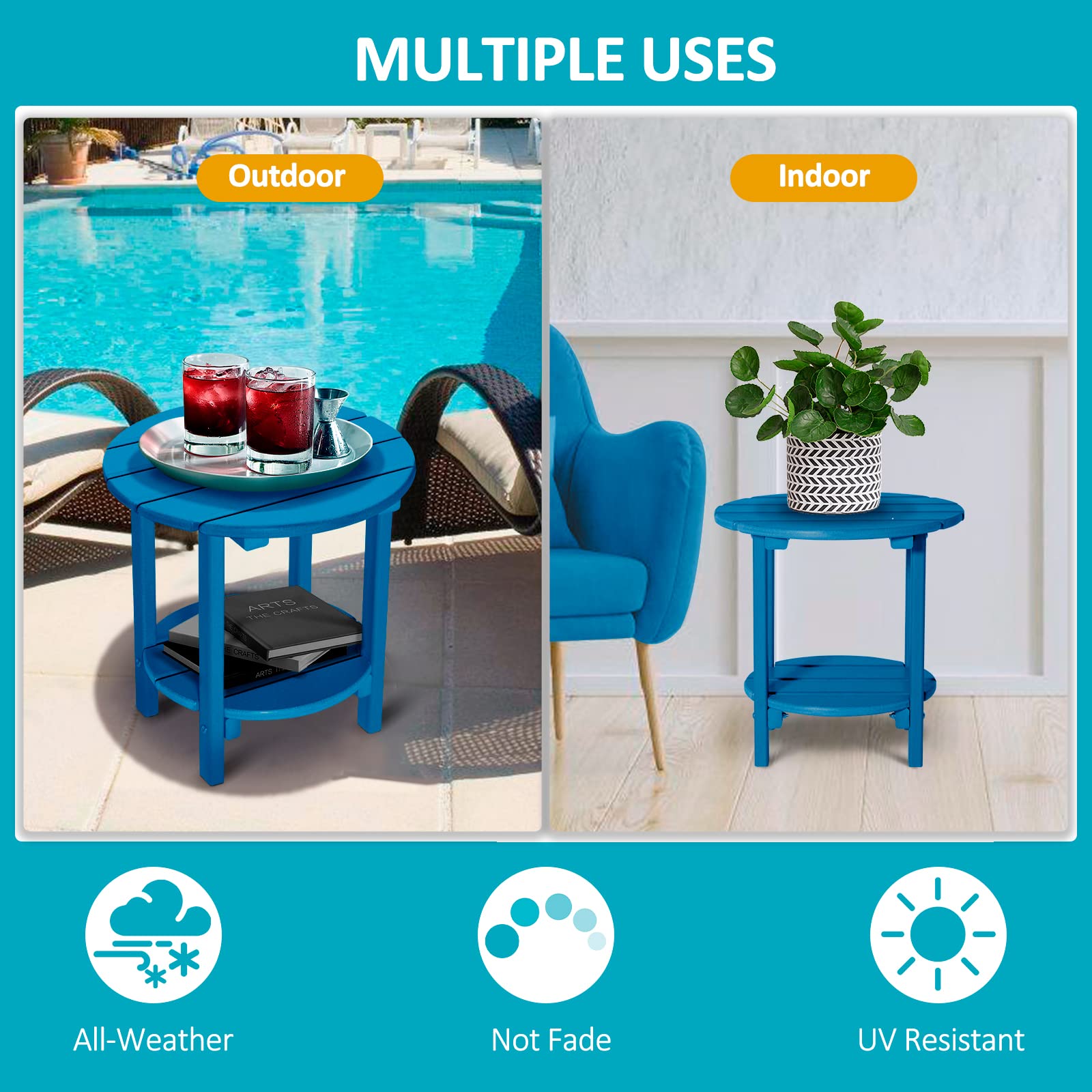 2-Tier Outdoor Side Table - HDPE Adirondack Patio End Table, Weather-Resistant Small Round Table for Garden, Deck & Poolside (Navy Blue) - Perfect for Drinks, Snacks & Outdoor Relaxation