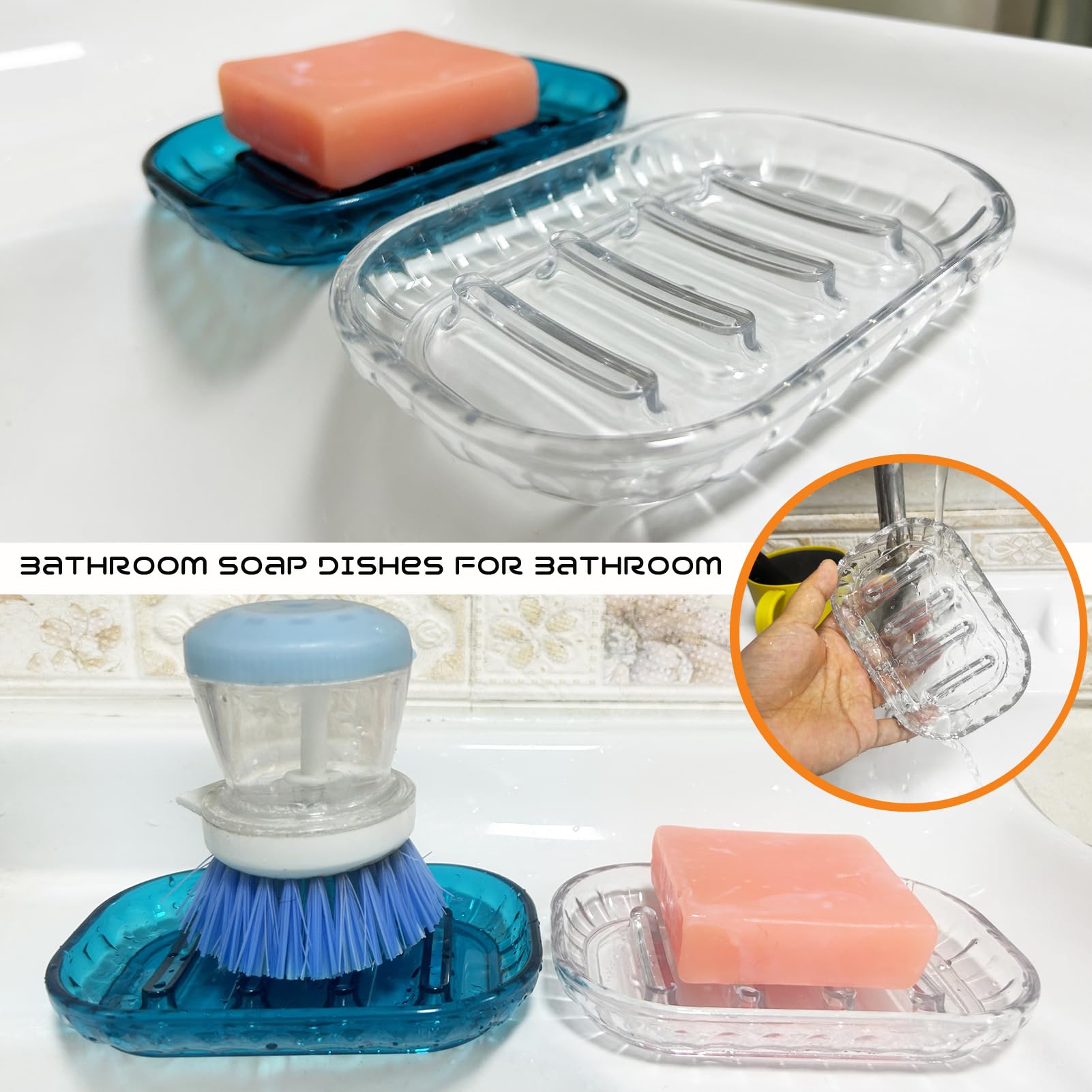 AMUONTY 2 Pack Clear Soap Dish Holder for Bar Soap - Bathroom & Shower Soap Tray, Kitchen Sink Soap Dish Organizer - Perfect for Bathroom Counter, Shower Shelf & Kitchen Decor