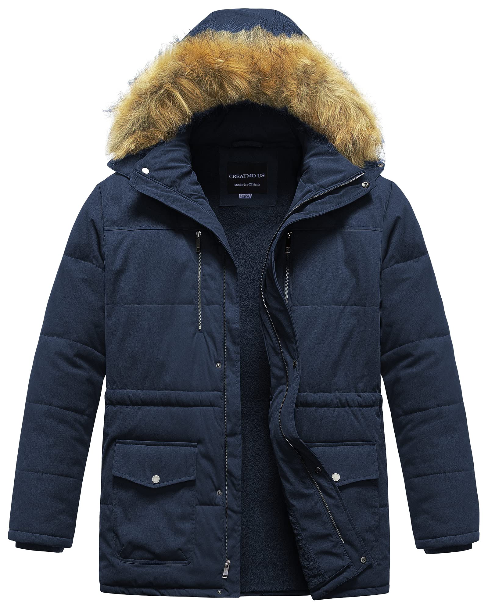 CREATMO Men's Big & Tall Waterproof Winter Puffer Jacket with Removable Fur Hood - Heavyweight Insulated Parka Coat for Cold Weather - Ideal for Snowboarding, Skiing & Outdoor Activities