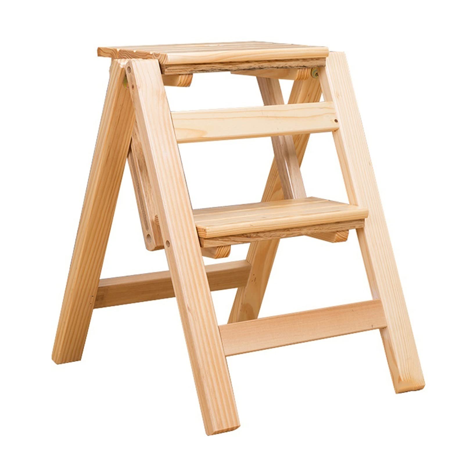 2-Step Folding Wooden Step Stool - Portable Safety Ladder Stool, Multi-Purpose Small Step Stool for Kitchen, Library & Home Use - Non-Slip Mobile Step Ladder Chair