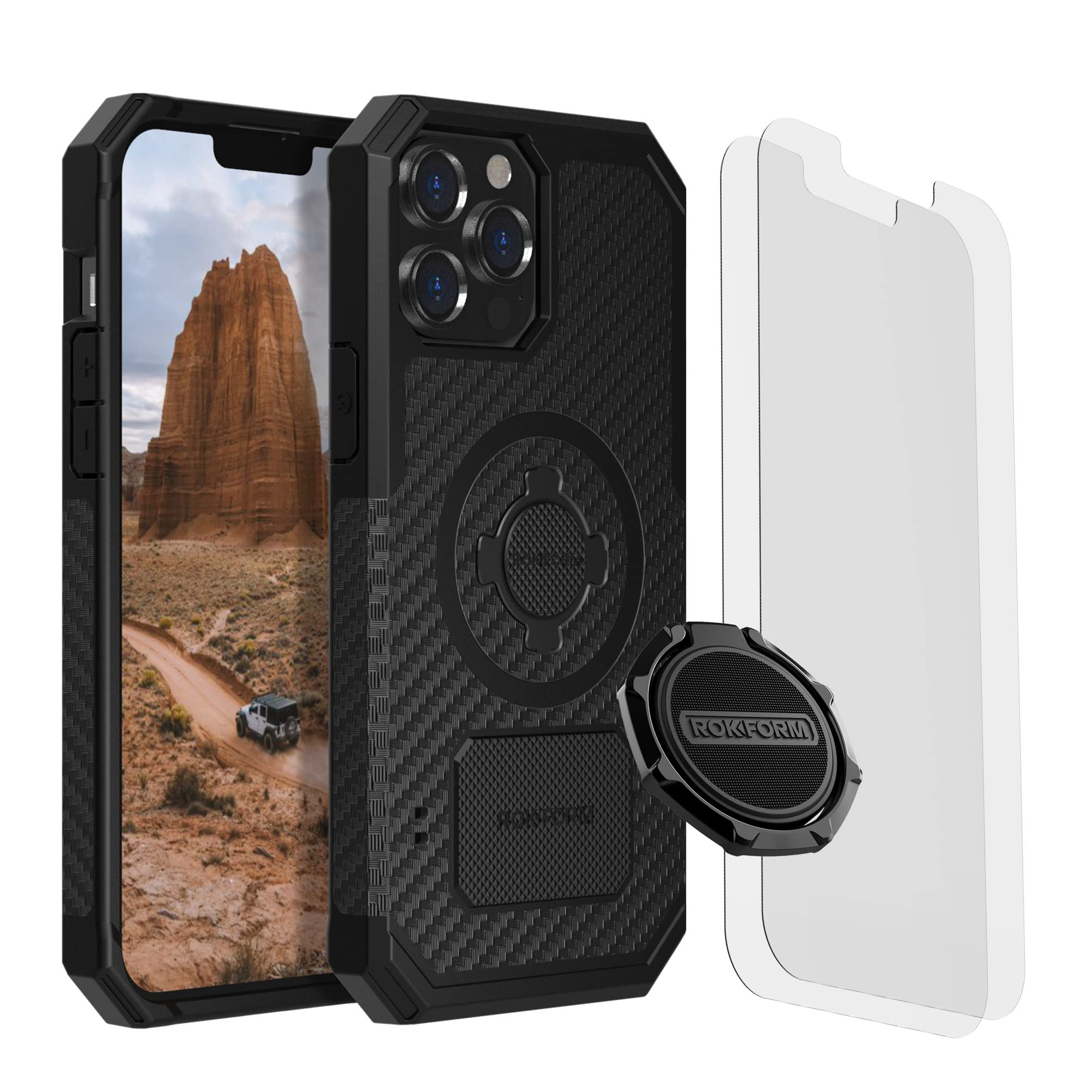 Rokform Rugged Case for iPhone 13 Pro Max with RokLock Sport Ring Stand & Grip | 2-Pack Screen Protector Kit | Shockproof Protective Cover for Outdoor, Sports & Daily Use