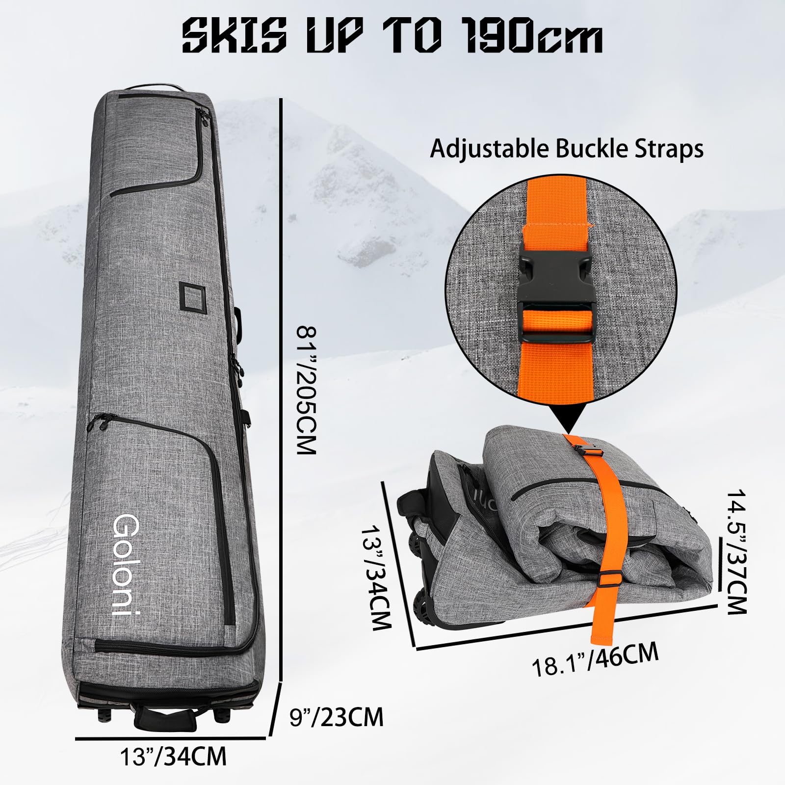 Goloni Wheeled Ski and Snowboard Travel Bag - 600D Waterproof Padded Snow Gear Carrier for Airplanes - Fits 2 Pairs of Skis (Foldable Design) - Perfect for Winter Vacations & Mountain Resorts