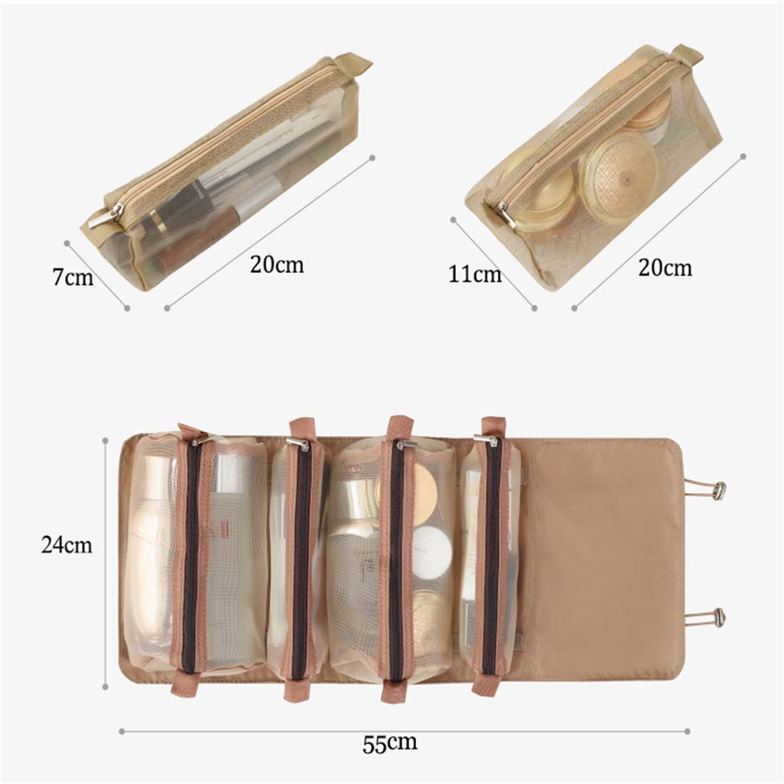 Large Waterproof Hanging Makeup Bag - Foldable Travel Cosmetic Organizer with Detachable Compartments for Toiletries (Brown) | Perfect for Travel, Gym, and Daily Organization