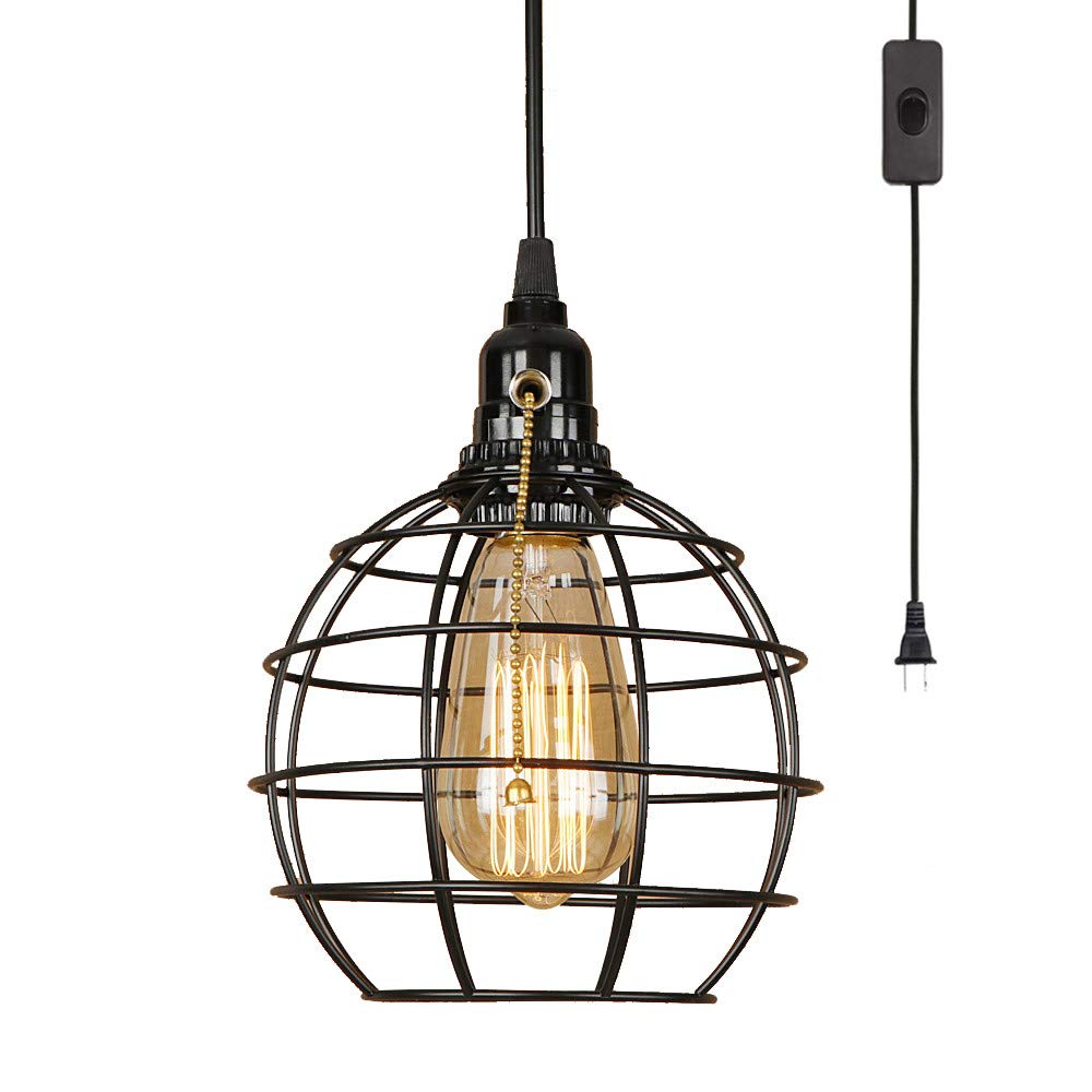 Vintage Industrial Black Hanging Swag Lamp with Plug - 15 Ft Cord, On/Off Pull Chain Switch - Cage Pendant Light with Globe Lampshade for Bedroom, Living Room, Cafe & Dorm Decor