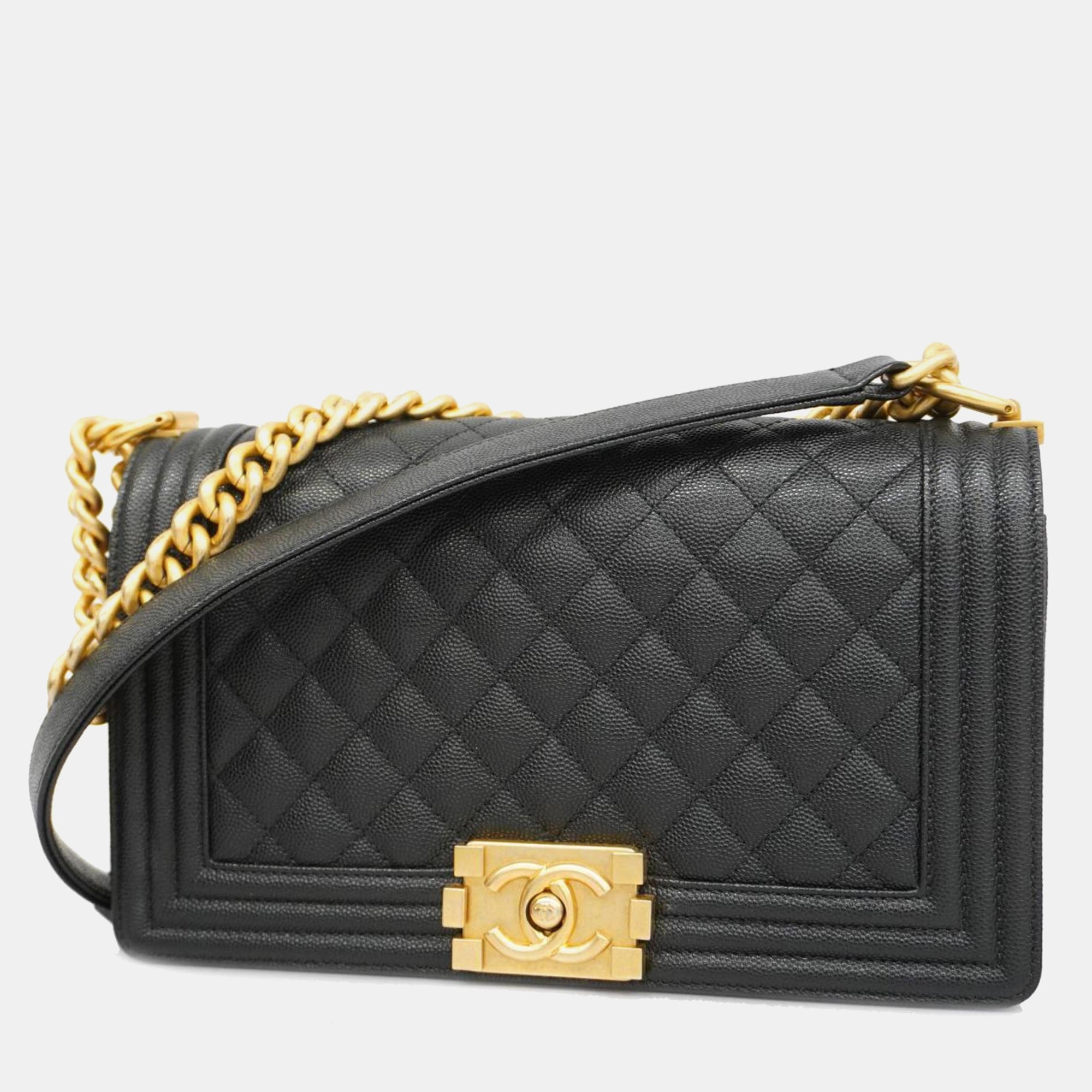 Luxury Black Caviar Leather Medium Boy Shoulder Bag for Women | Designer Handbag Purse | Perfect for Work, Evening Events & Travel