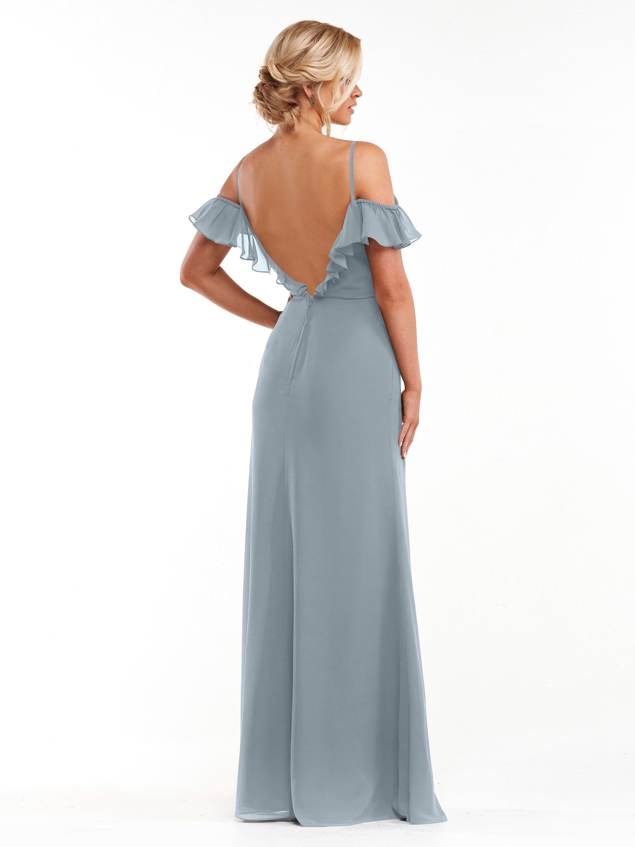 Elegant 80172 Chiffon Off-The-Shoulder A-Line Bridesmaid Dress with Ruffled Neckline - Perfect for Weddings, Formal Events & Evening Parties