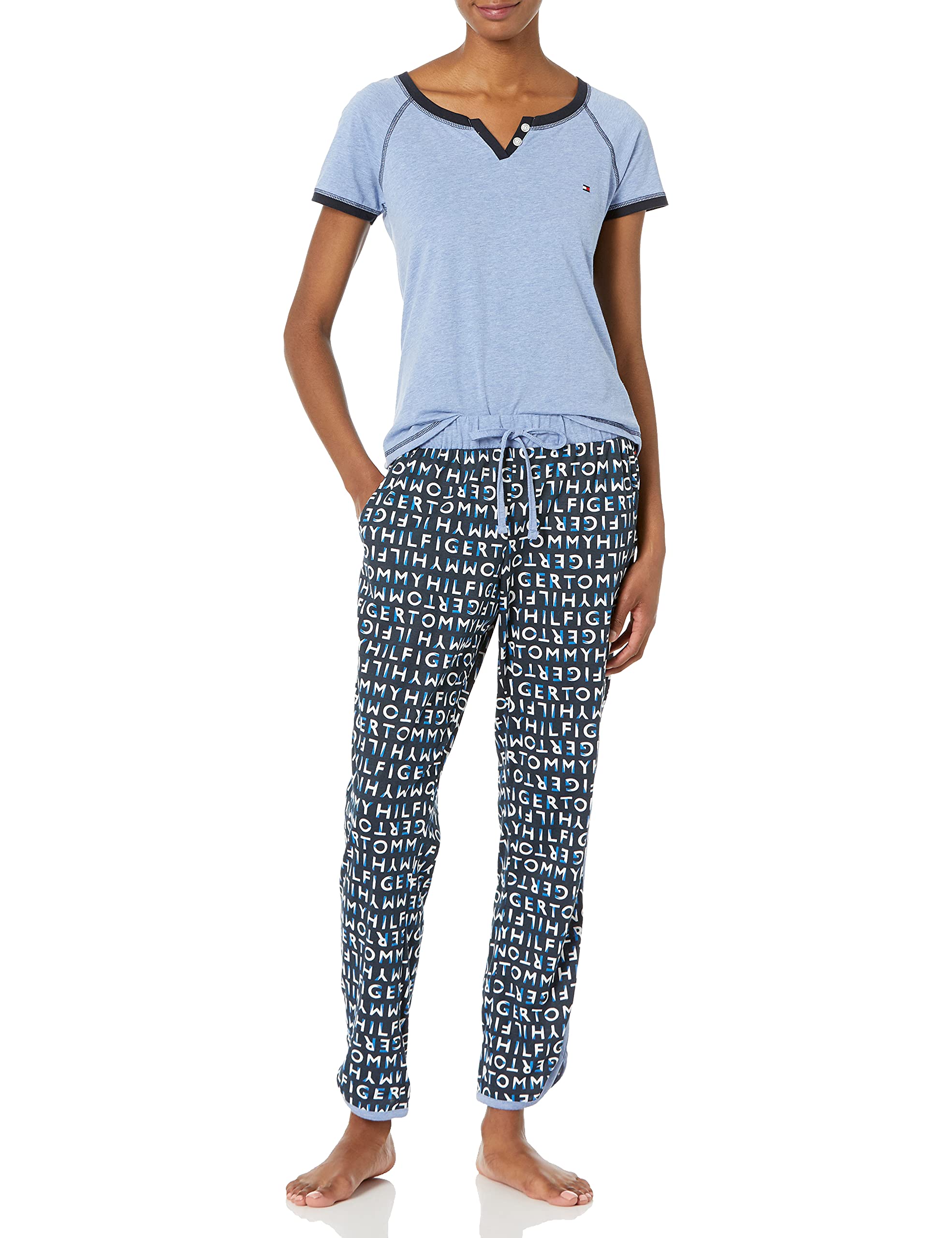 Tommy Hilfiger Women's Short Sleeve Pajama Set with Logo Pants - Soft Cotton Lounge Sleepwear for Women | Perfect for Relaxing at Home, Sleepovers & Cozy Nights