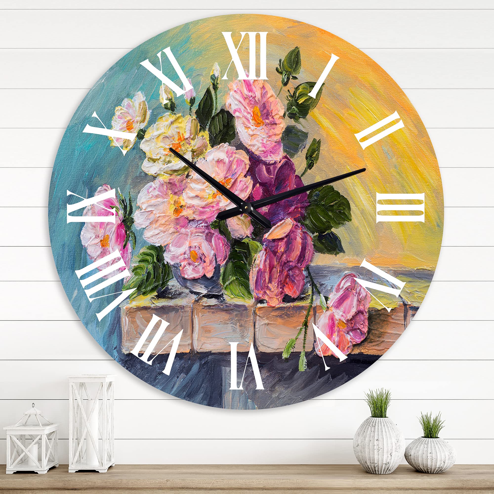 Vintage Floral Wall Clock - Large 'Still Life with Pink Flowers' Decorative Clock for Home, Office & Living Room | Perfect for Farmhouse, Bedroom & Kitchen Decor