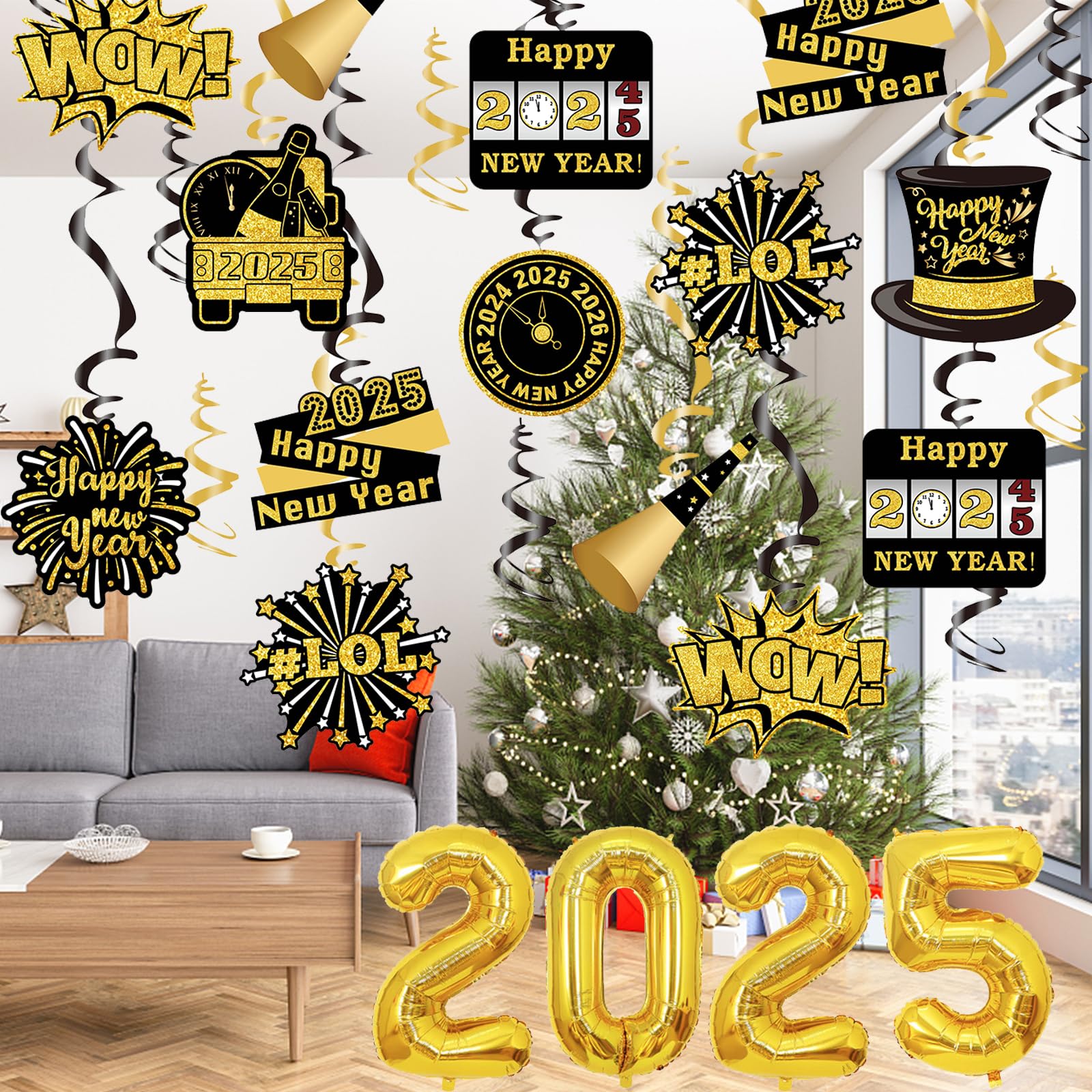 48 Pieces 2025 New Year Swirl Hanging Decorations Set - Gold Party Supplies for Birthday, Home & Holiday Celebrations - Perfect for Wall, Ceiling & Door Decoration