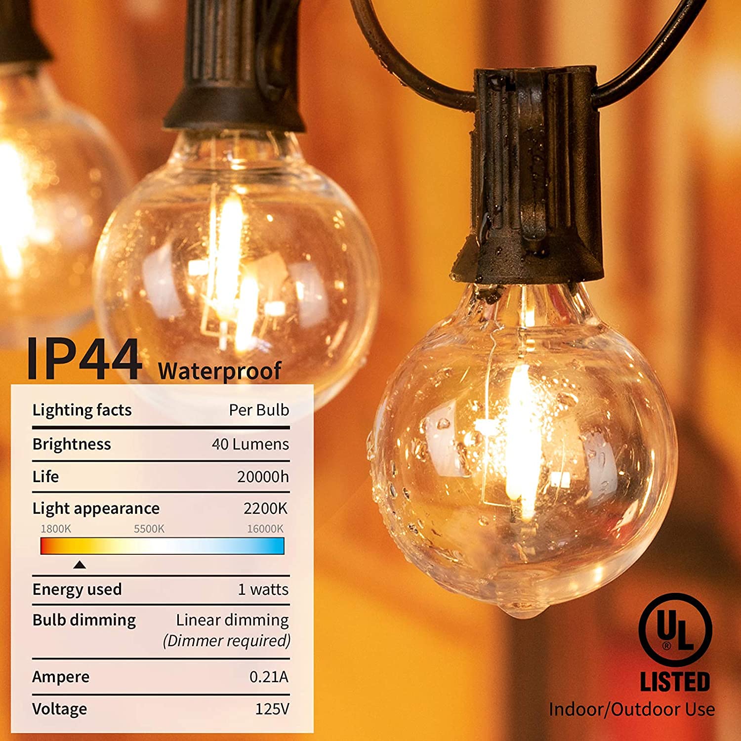 Brightown 50Ft Outdoor LED String Lights with 52 Shatterproof G40 Bulbs (2 Spare) - Waterproof Hanging Globe Lights for Patio, Backyard, Porch, Balcony & Bistro Decor - E12 Socket, 2200K Warm White - Perfect for Parties, Weddings & Outdoor Dining