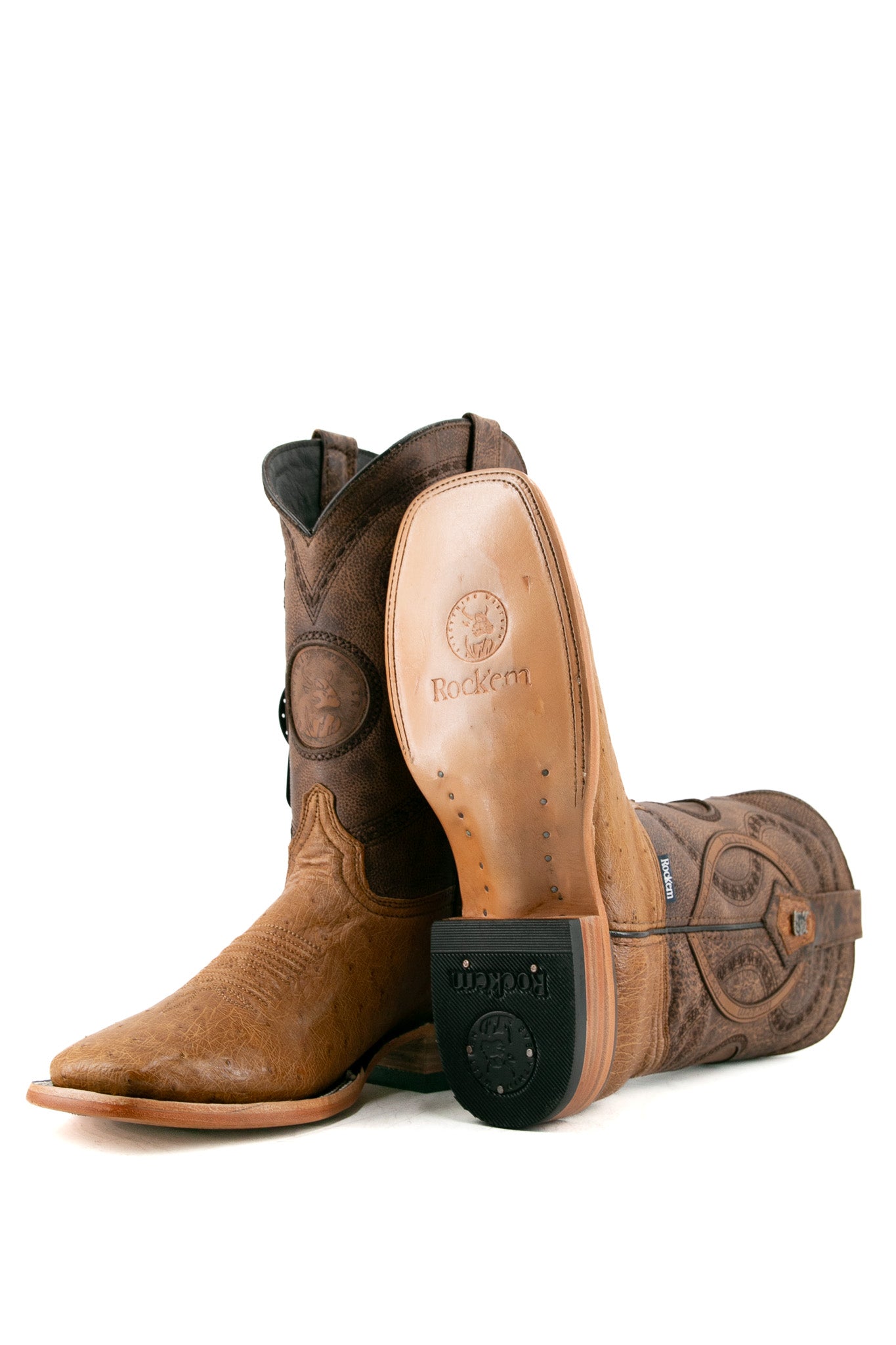 Premium Smooth Ostrich Leather Square Toe Cowboy Boots for Men - Western Style Riding Boots with Exotic Skin - Perfect for Rodeo, Country Music Festivals & Western Fashion