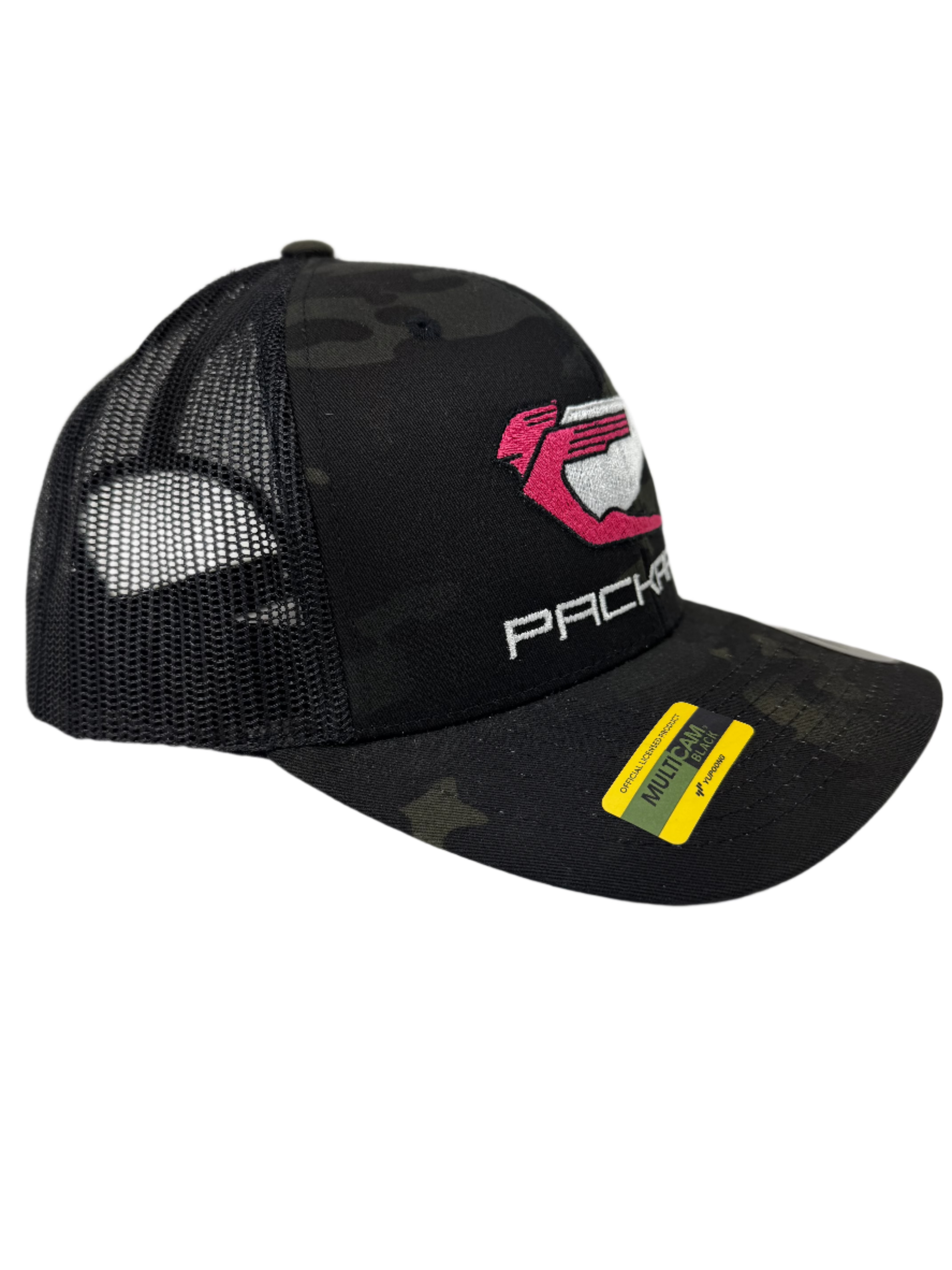 Stylish Embroidered Trucker Hat with Curved Brim - Pink Logo Design for Men & Women | Perfect for Outdoor Activities, Sports, and Casual Wear