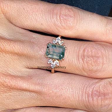 Unique Moss Agate Engagement Ring for Women - 925 Sterling Silver & Rose Gold Wedding Band, Handmade Vintage Gemstone Ring | Perfect Wife Gift for Anniversary, Proposal & Special Occasions