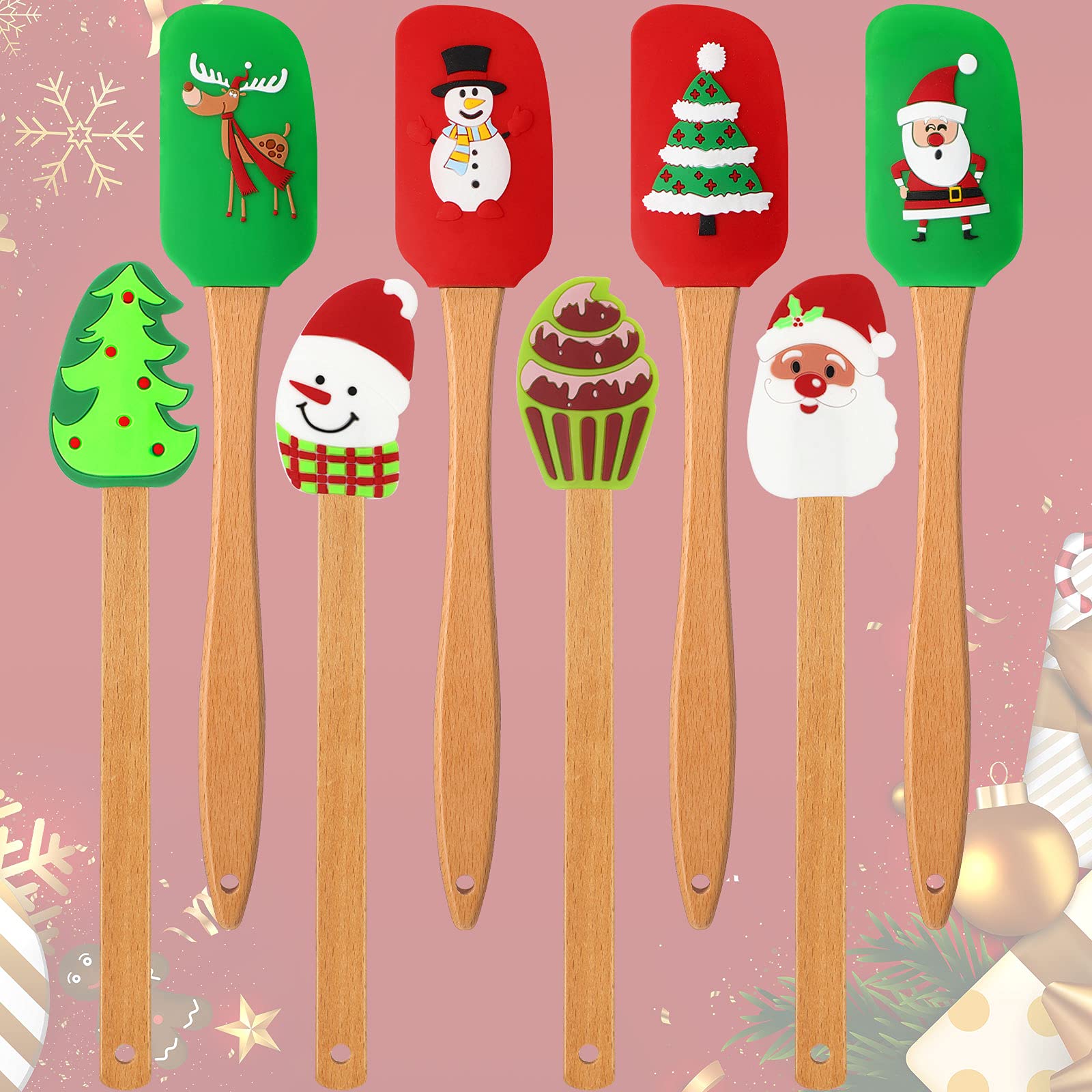 8-Piece Christmas Silicone Spatula Set - Santa Claus Pattern Baking Tools for Cake Decorating, Butter Cream Mixing & Kitchen Use - Wooden Handle Non-Slip Spatulas (Festive Holiday Gift for Bakers & Home Cooks)
