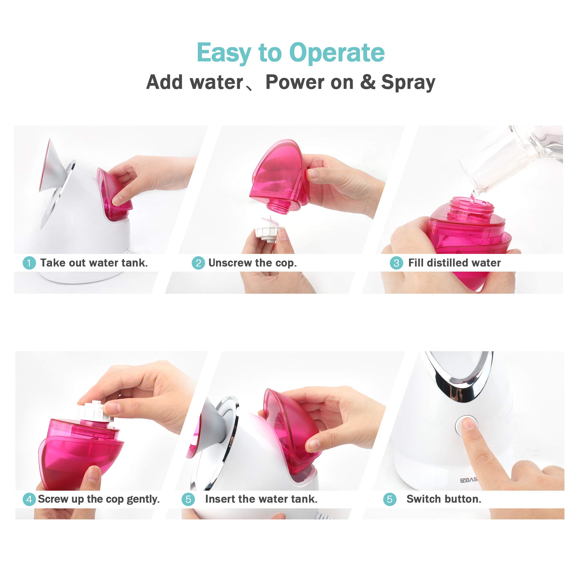 EZBASICS Professional Facial Steamer with Cleansing Brush - Pink | At-Home Spa Treatment for Deep Cleansing & Hydration | Perfect for Skincare Routine & Relaxation