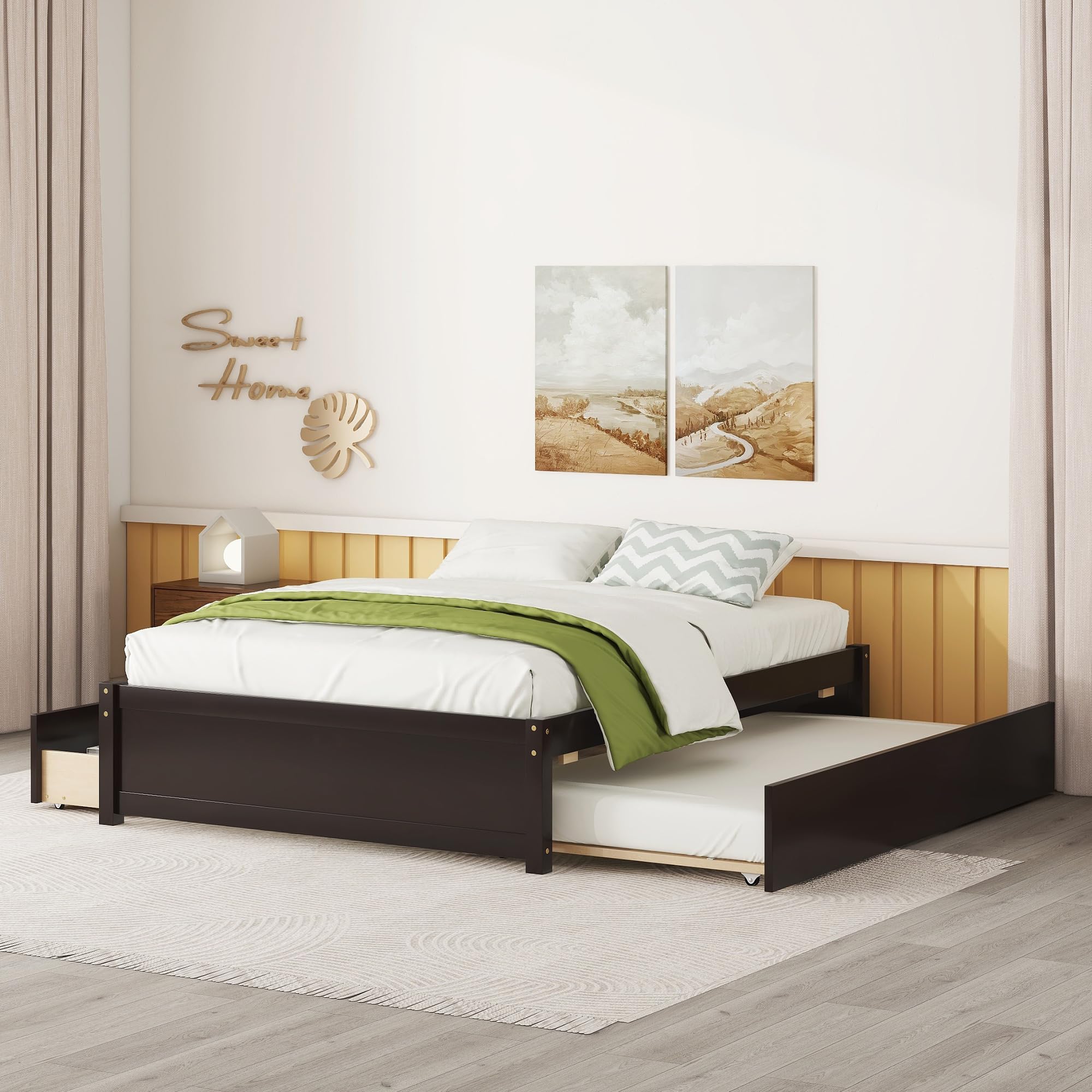 HomSof Full Bed with Twin Trundle & 2 Drawers - Convertible to 2 Platform Beds, Espresso Finish, 79.52