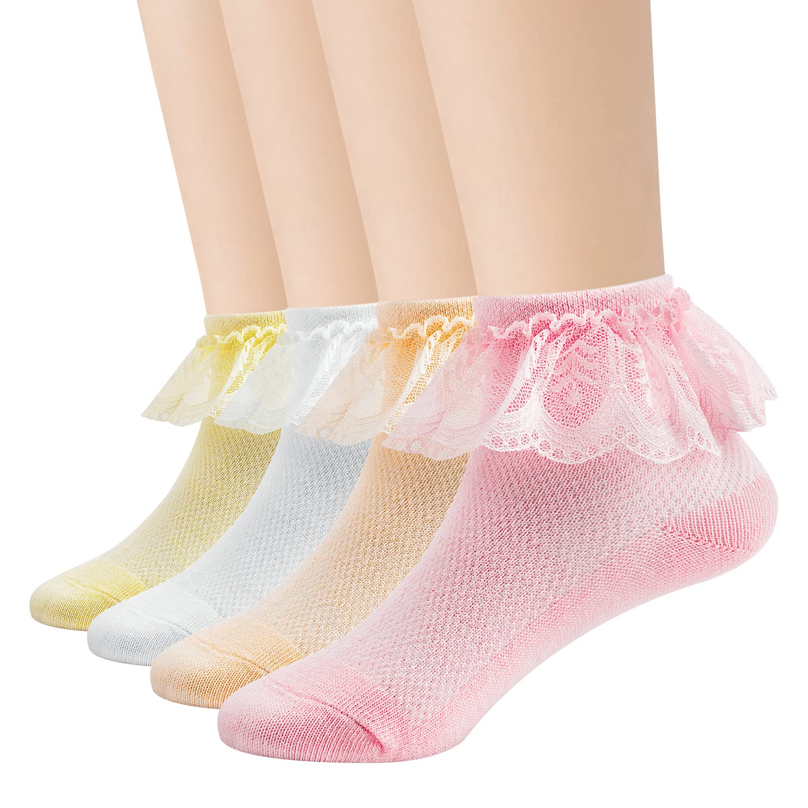 4 Pairs Toddler Baby Girls Lace Princess Socks - Cotton Ruffled Ankle Socks for Girls 0-24 Months - Soft & Breathable for Daily Wear, Party, Photo Shoots